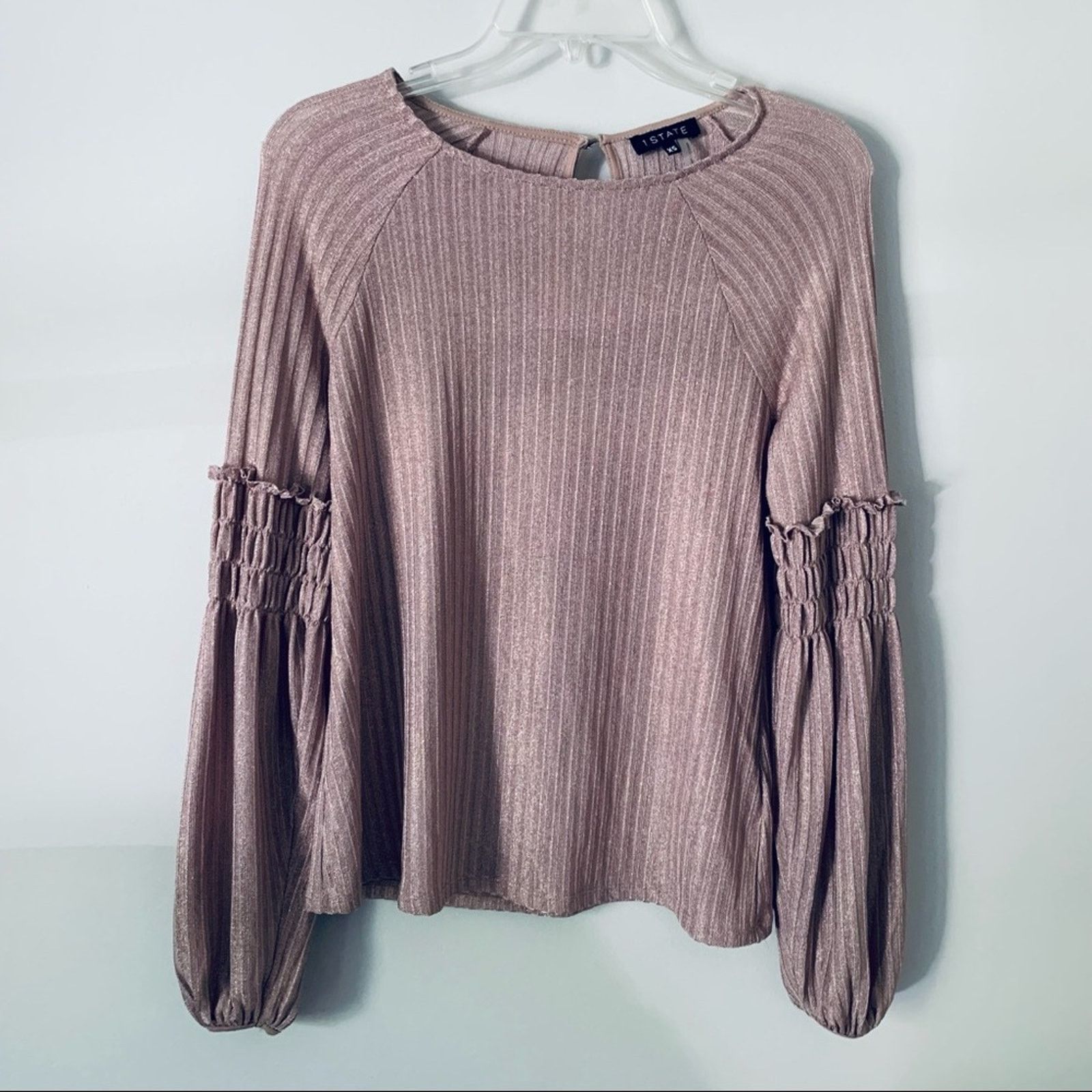Other Nordstrom 1.STATE Smocked Sleeve Metallic Ribbed Top Blouse Size XS / US 0-2 / IT 36-38 - 3 Thumbnail