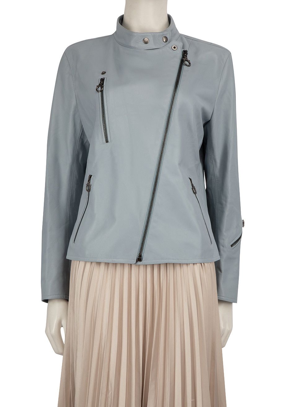image of Salvatore Ferragamo Blue Leather Biker Jacket, Women's (Size XL)