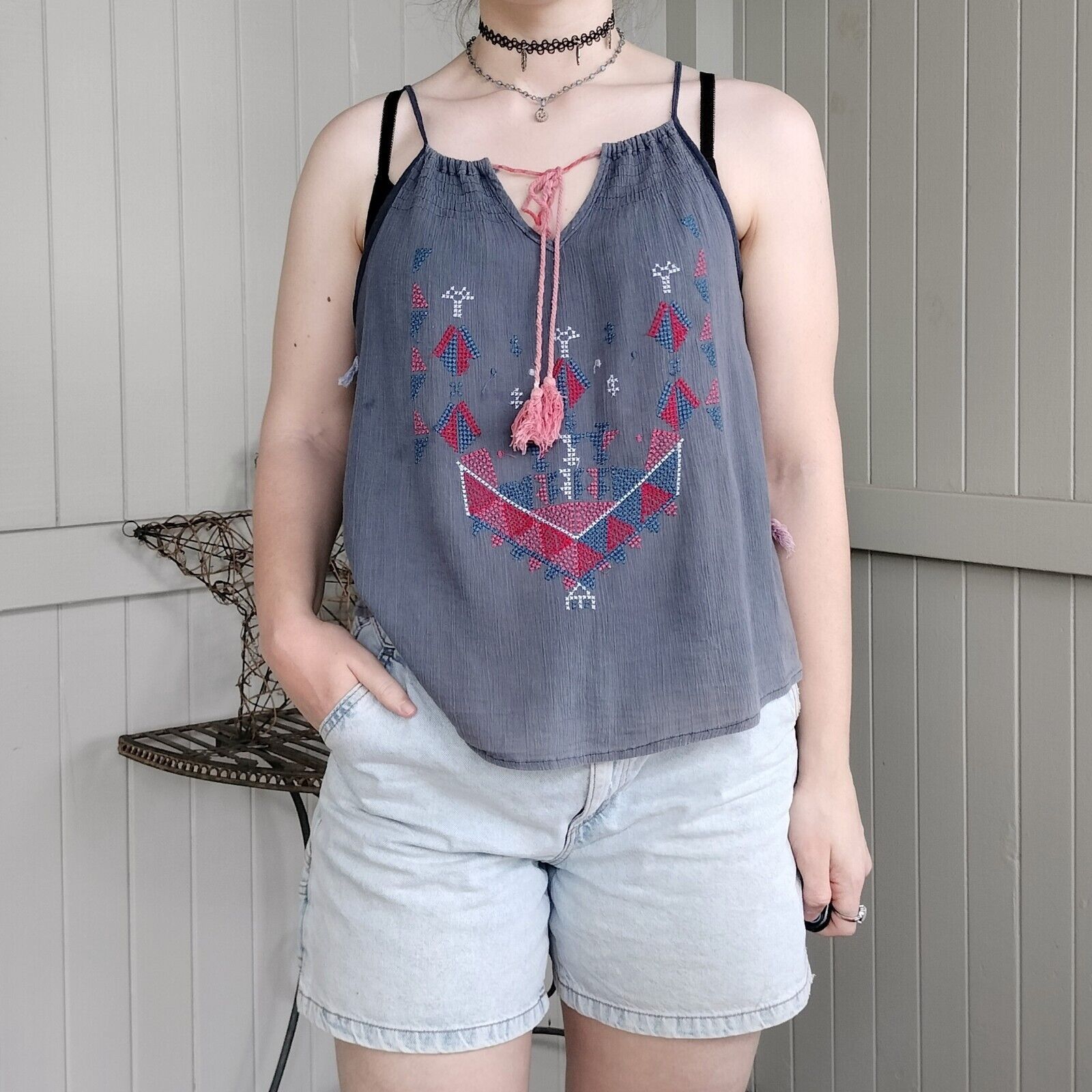 Designer Mahlu Tank Top Singlet Tassel Embroidered Summer Hippie Boho Size XS / US 0-2 / IT 36-38 - 1 Thumbnail