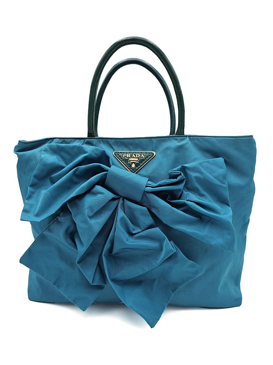 image of Prada Bow Turquoise Blue Nylon Leather Handbag, Women's