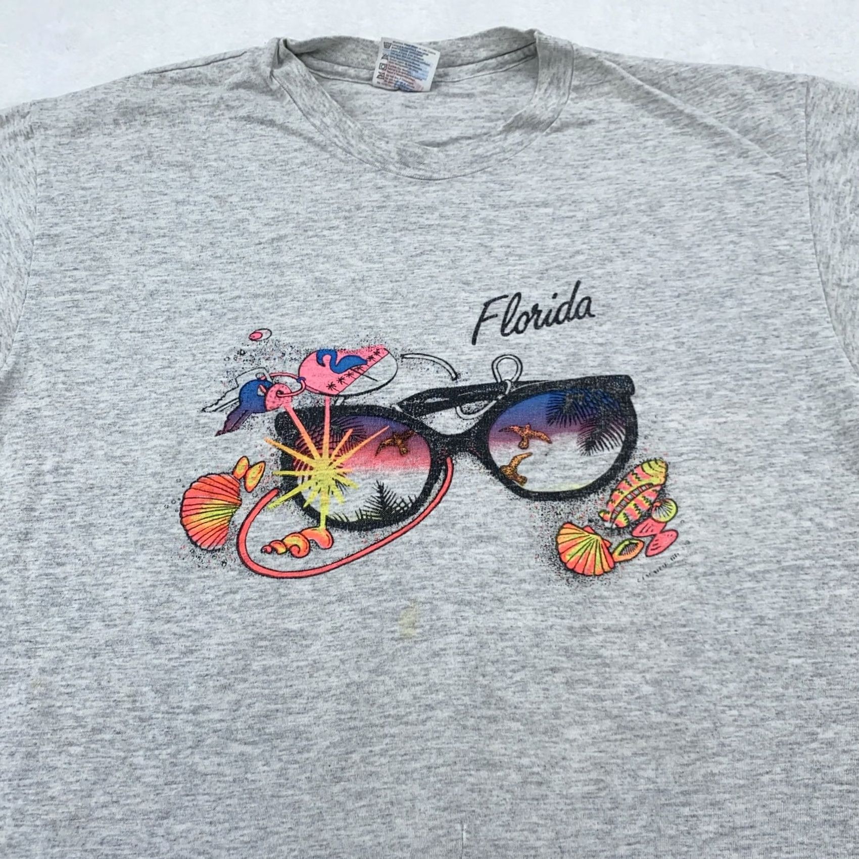 Hanes VINTAGE Florida Beach Sunset Shirt Mens L Gray 90s Flamingo Hanes Cotton Graphic Print Tee Size US L / EU 52-54 / 3 - 2 Thumbnail