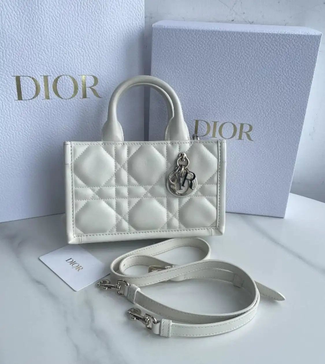 Dior DIOR Book Tote mini white cowhide leather rattan plaid quilted crossbody bag gol Size ONE SIZE - 1 Thumbnail