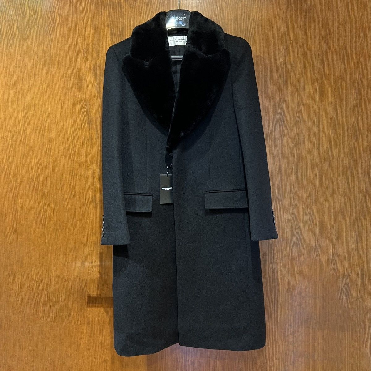 image of Anthony Vaccarello x Saint Laurent Paris Saint Laurent Wool Overcoat In Large in Black, Men's