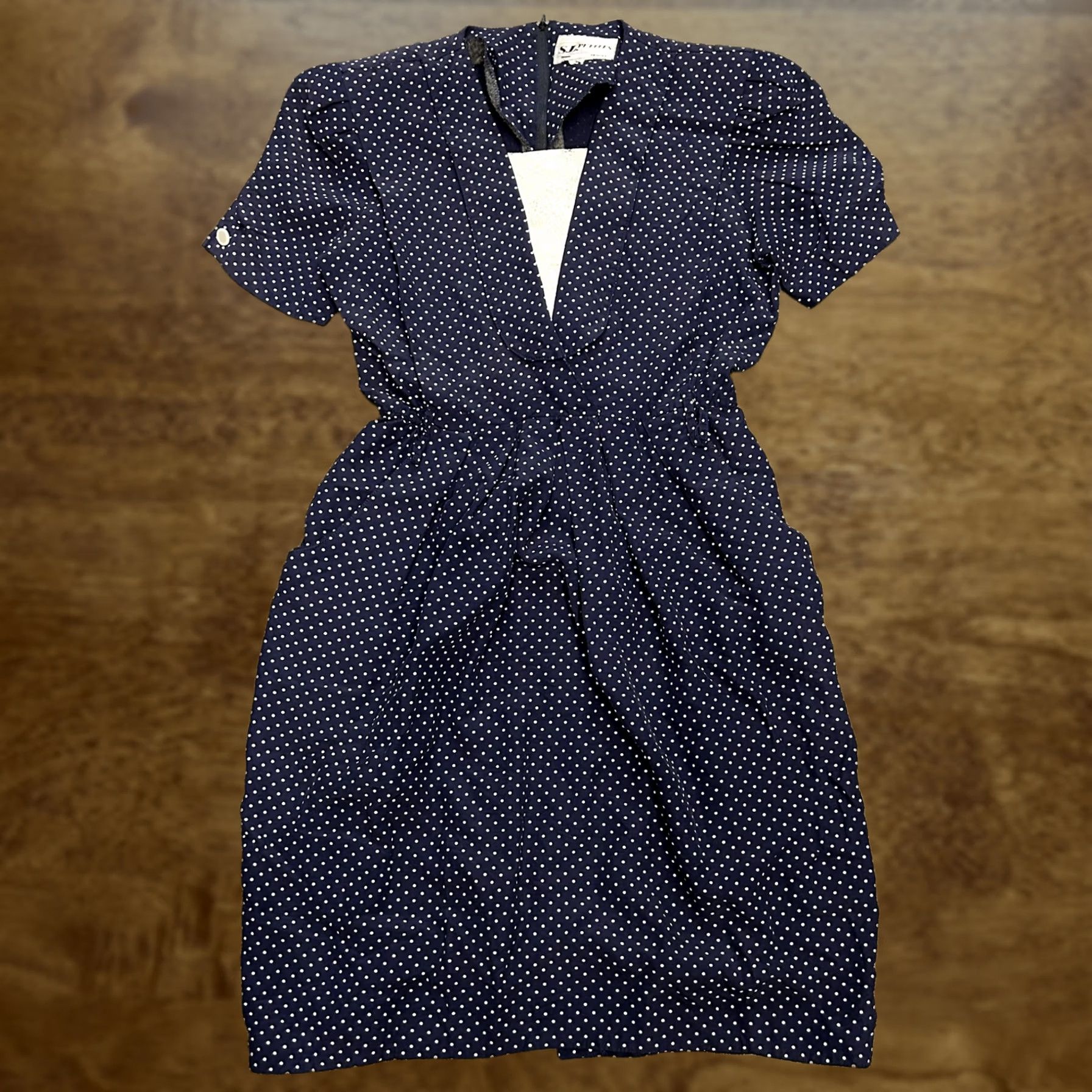 Vintage VINTAGE S.L. Petites Dress Womens Petite Small Navy White Polka Dot V Neck 80s Size M / US 6-8 / IT 42-44 - 1 Thumbnail