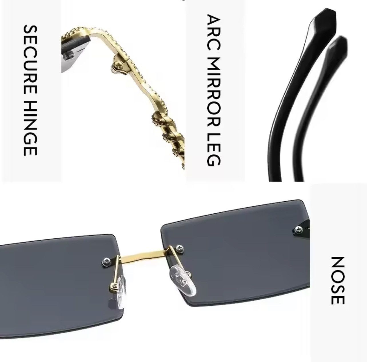 Other Luxury Rimless Rectangle Sunglasses Gold Metal Frame Black Size ONE SIZE - 4 Thumbnail