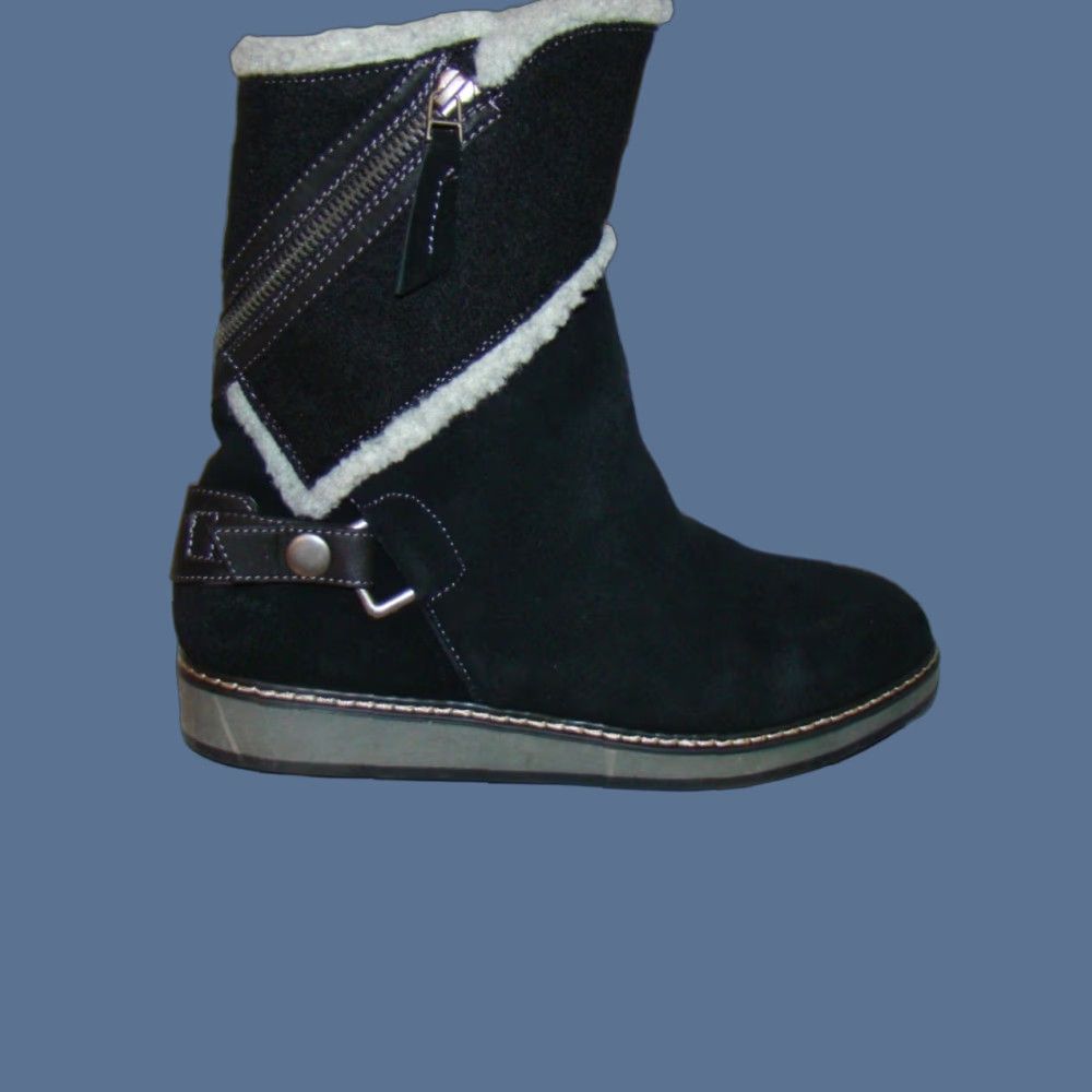 Vintage White Mountain Womens Boots Winter Suede Lined Black Ankle 9.5M Faux Fur Zip Button Strap Zipper Box Size L / US 10 / IT 46 - 1 Thumbnail