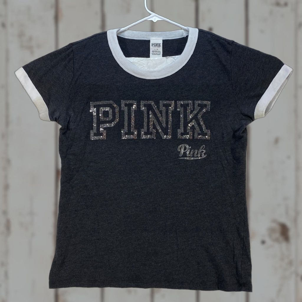 Victoria's Secret Victoria's Secret Pink Shirt Womens Large T-Shirt Black Sequin Logo Top Short Sleeve Size L / US 10 / IT 46 - 1 Thumbnail