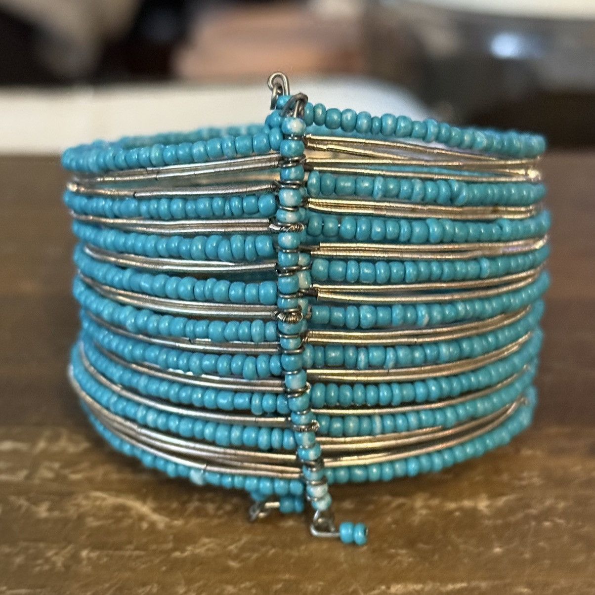 Other Turquoise and silver beaded wide cuff bracelet Size ONE SIZE - 2 Thumbnail