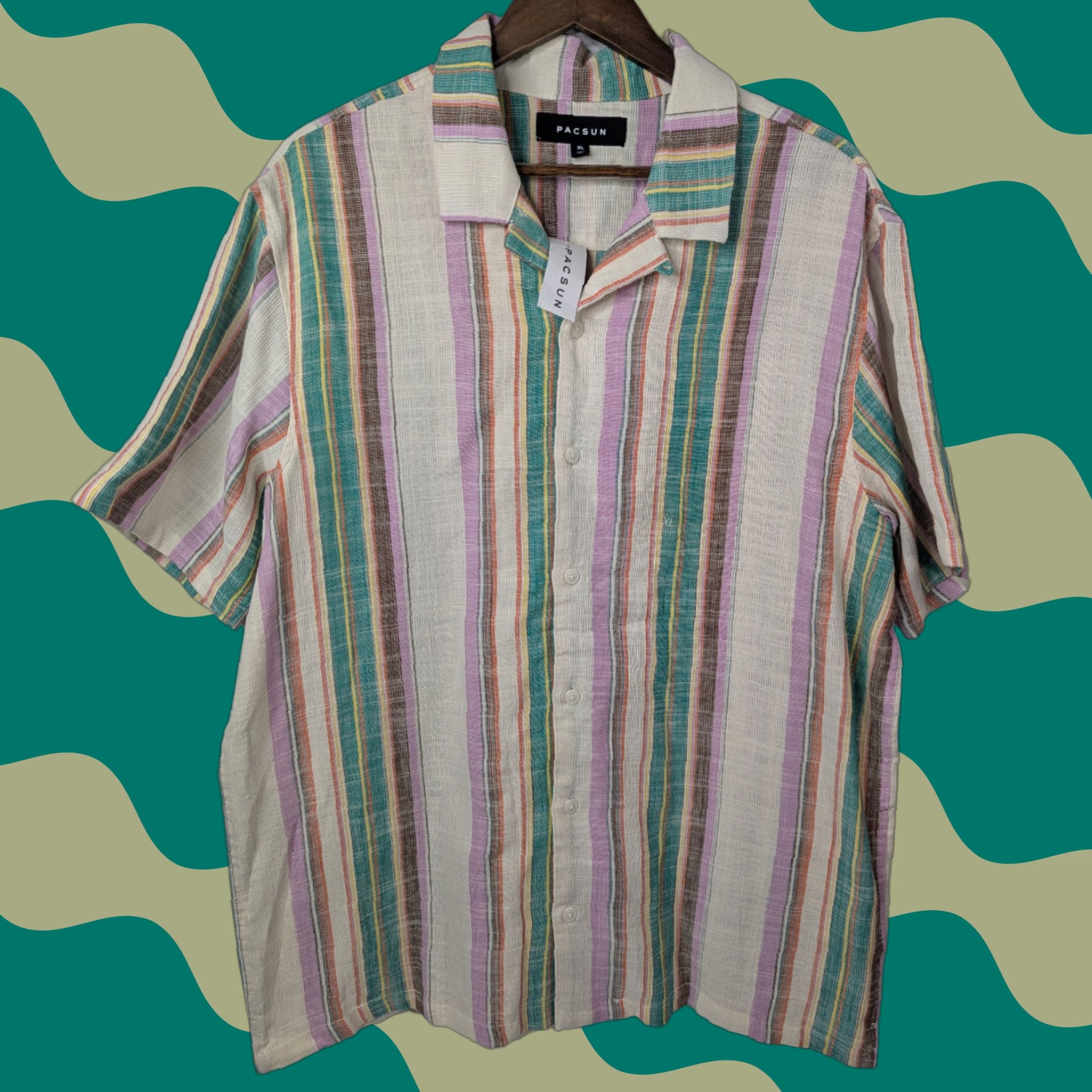 Pacsun NWT PacSun Striped Resort Button Down Shirt XL Men Knit Cotton Multicolor Camp Beach 90s? (Oops) Size US XL / EU 56 / 4 - 1 Thumbnail