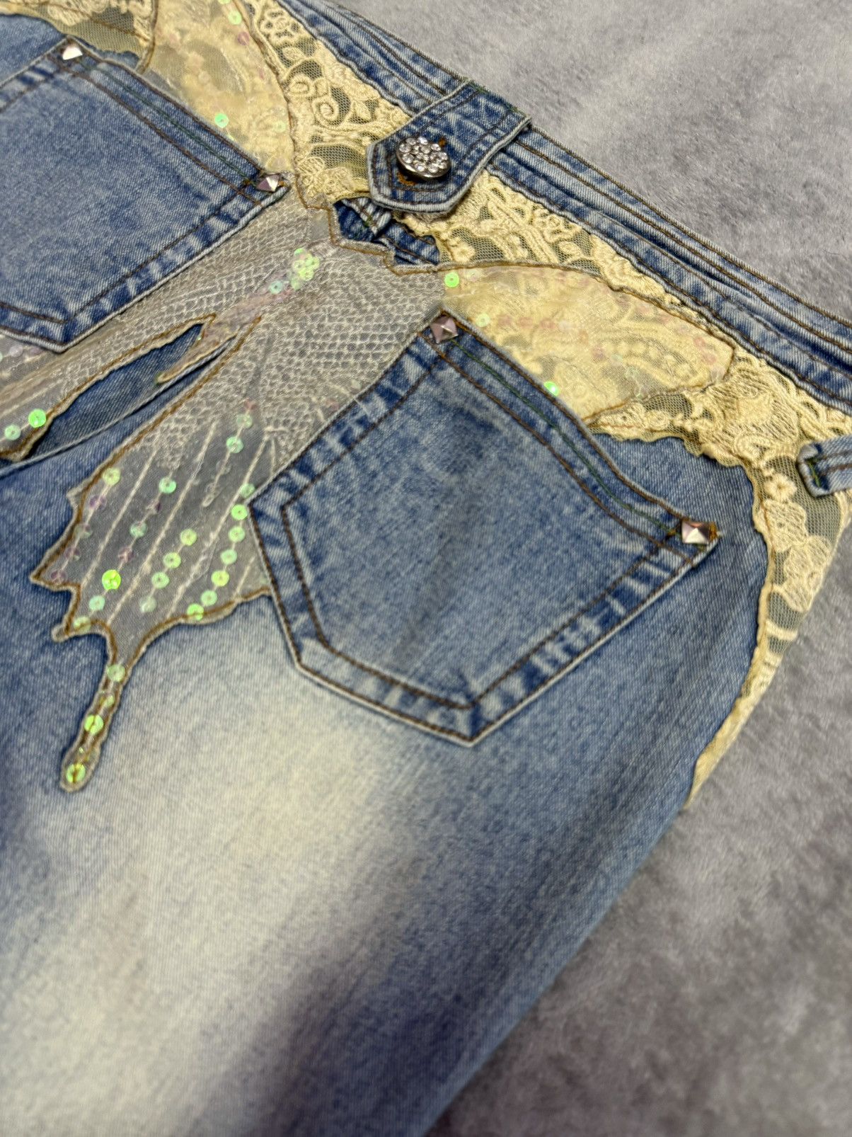 Japanese Brand × Vintage Embellished Butterfly Studded Rhinestone Flared Jeans Size 29" - 5 Thumbnail