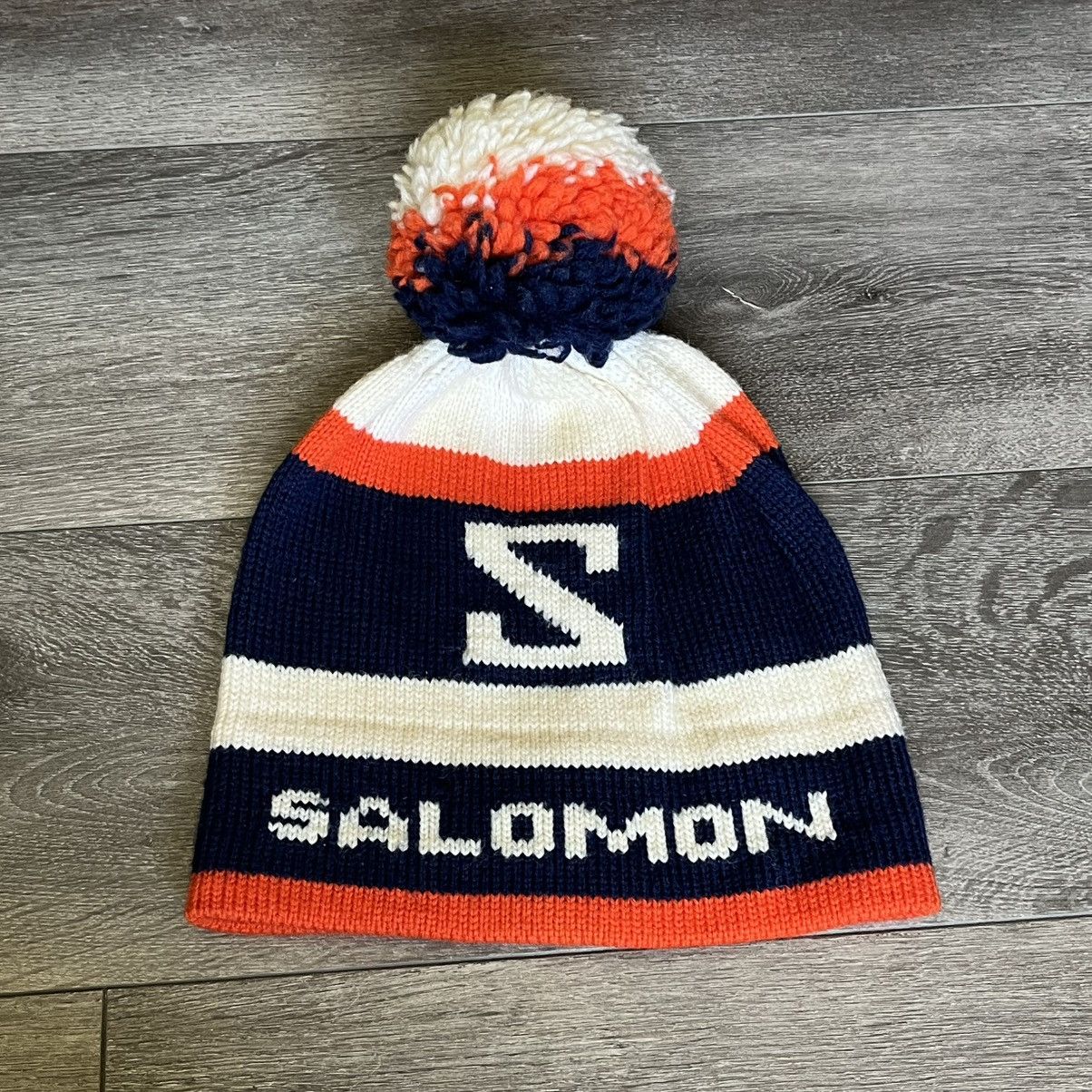 Salomon Vintage 1990s Salomon Striped Logo Puff Pure Wool Beanie Hat Size ONE SIZE - 1 Thumbnail