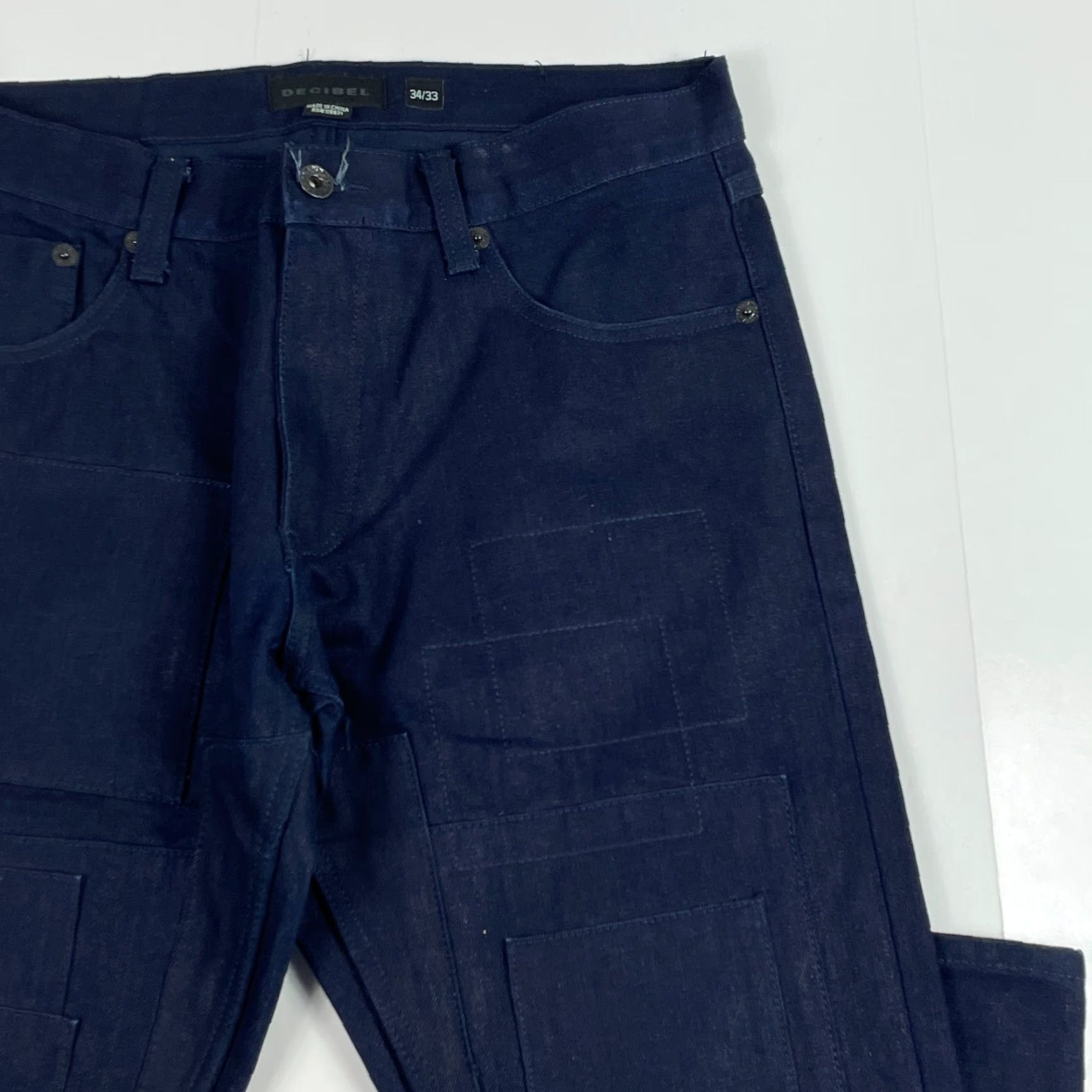 Denime Decibel Jeans Mens 34 x 33 Blue Tapered Leg Dark Wash Raw Denim Patches Biker Jeans Mens Regular Slim Story? Size US 34 / EU 50 - 3 Thumbnail