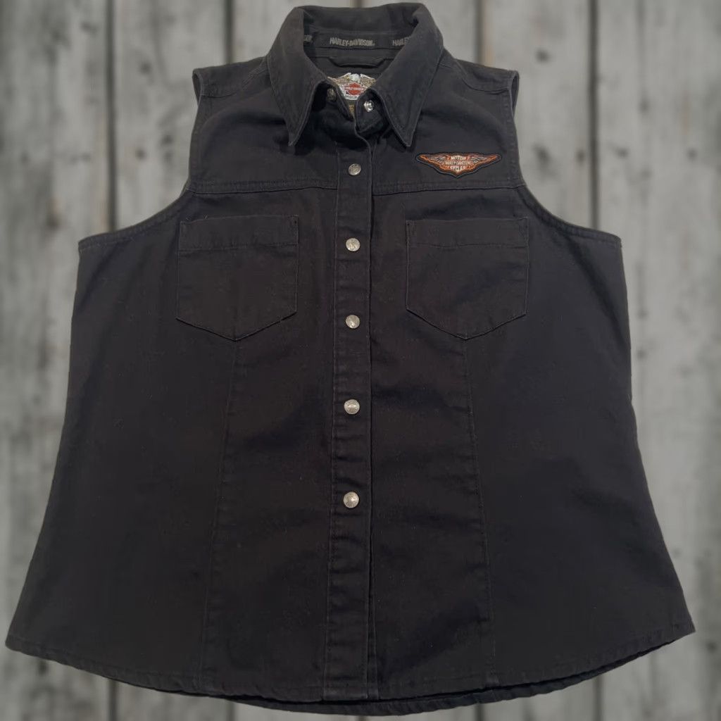 Harley Davidson VINTAGE Harley-Davidson Shirt Womens Medium Sleeveless Black Snap Logo Patch Vest Biker USA Pockets Size M / US 6-8 / IT 42-44 - 1 Thumbnail