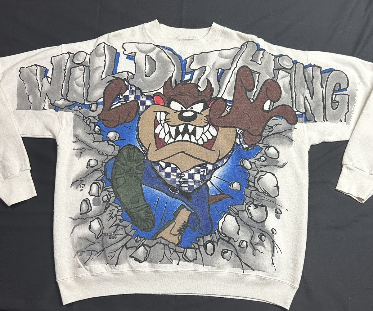 image of Vintage Looney Tunes Taz Wild Thing Aop Crewneck Sweatshirt in White, Men's (Size Medium)