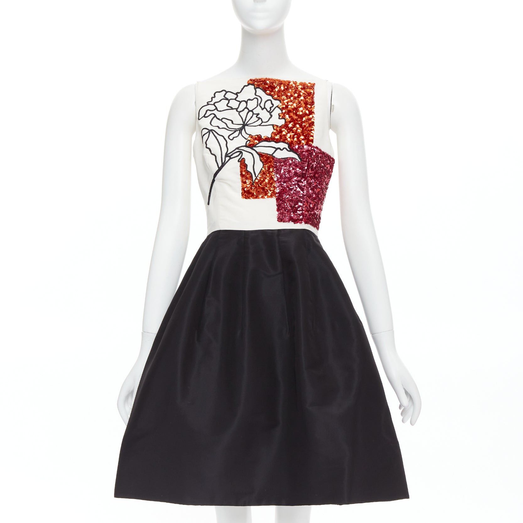 Oscar De La Renta OSCAR DE LA RENTA 2018 cream black silk pink sequined bodice flared dress US4 S Size M / US 6-8 / IT 42-44 - 1 Thumbnail