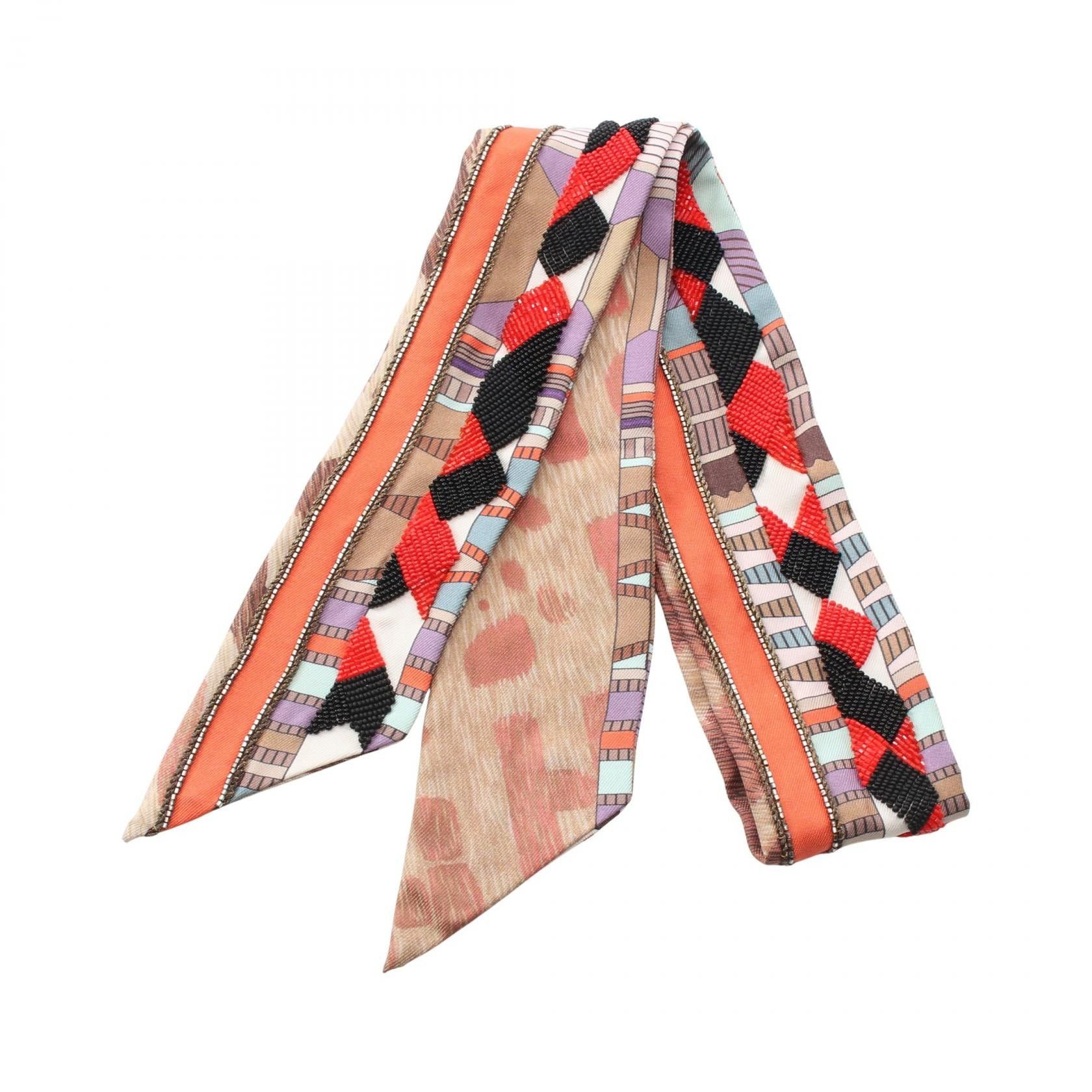 Hermes Hermes Twilly Precio Ribbon Scarf Silk Light Brown Multicolor Beads Size ONE SIZE - 1 Thumbnail