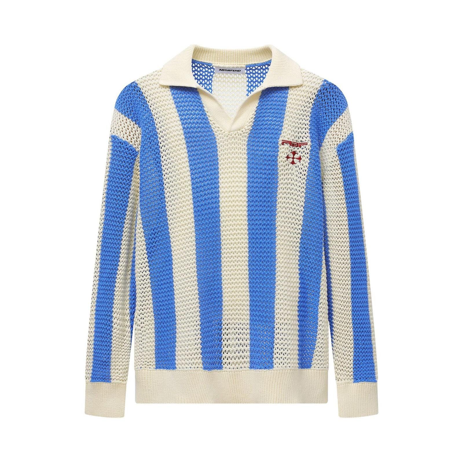 Japanese Brand Blue and Cream Striped Knit Polo Sweater Size US M / EU 48-50 / 2 - 1 Thumbnail