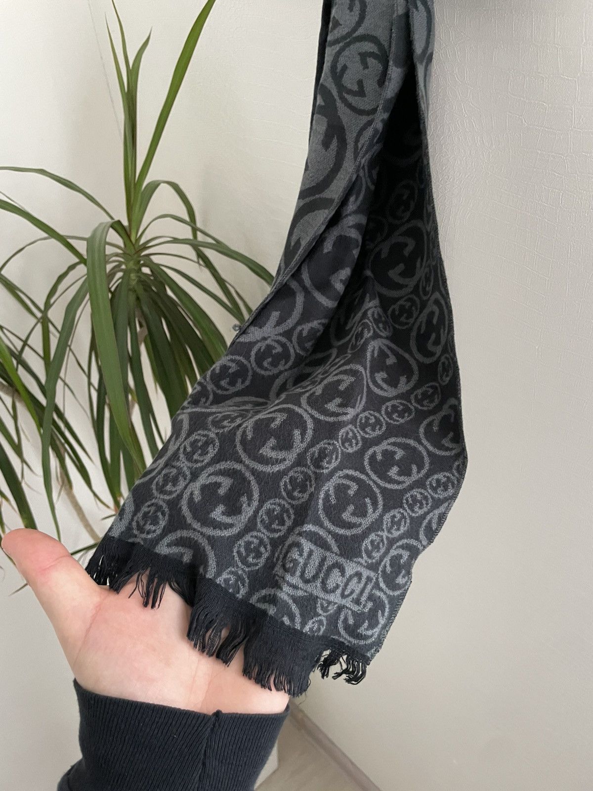 Gucci Gucci Scarf Monogram Wool Black Grey Logo Print Pattern Size ONE SIZE - 3 Thumbnail