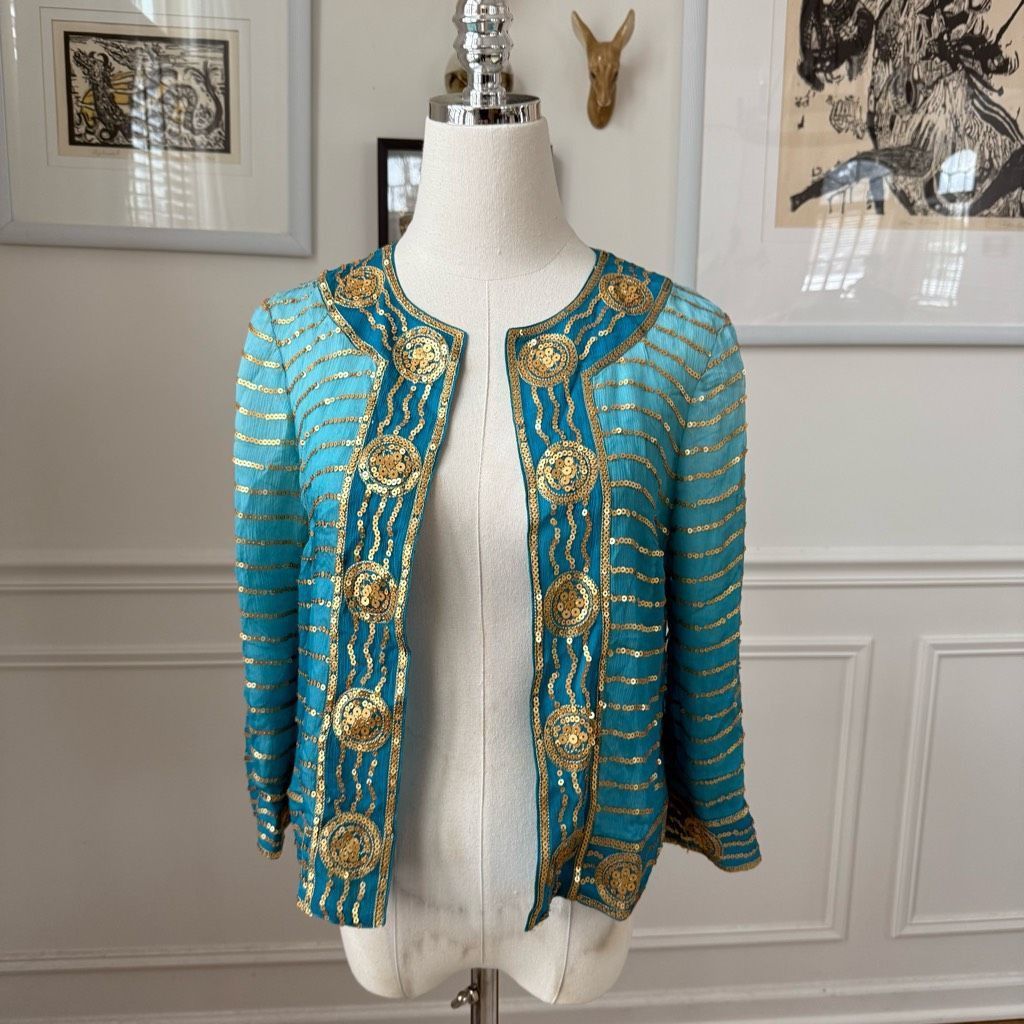 Trina Turk Trina Turk Turquoise Blue 100% Silk Gold Sequin Bolero Jacket 0 XS S Size XS / US 0-2 / IT 36-38 - 1 Thumbnail