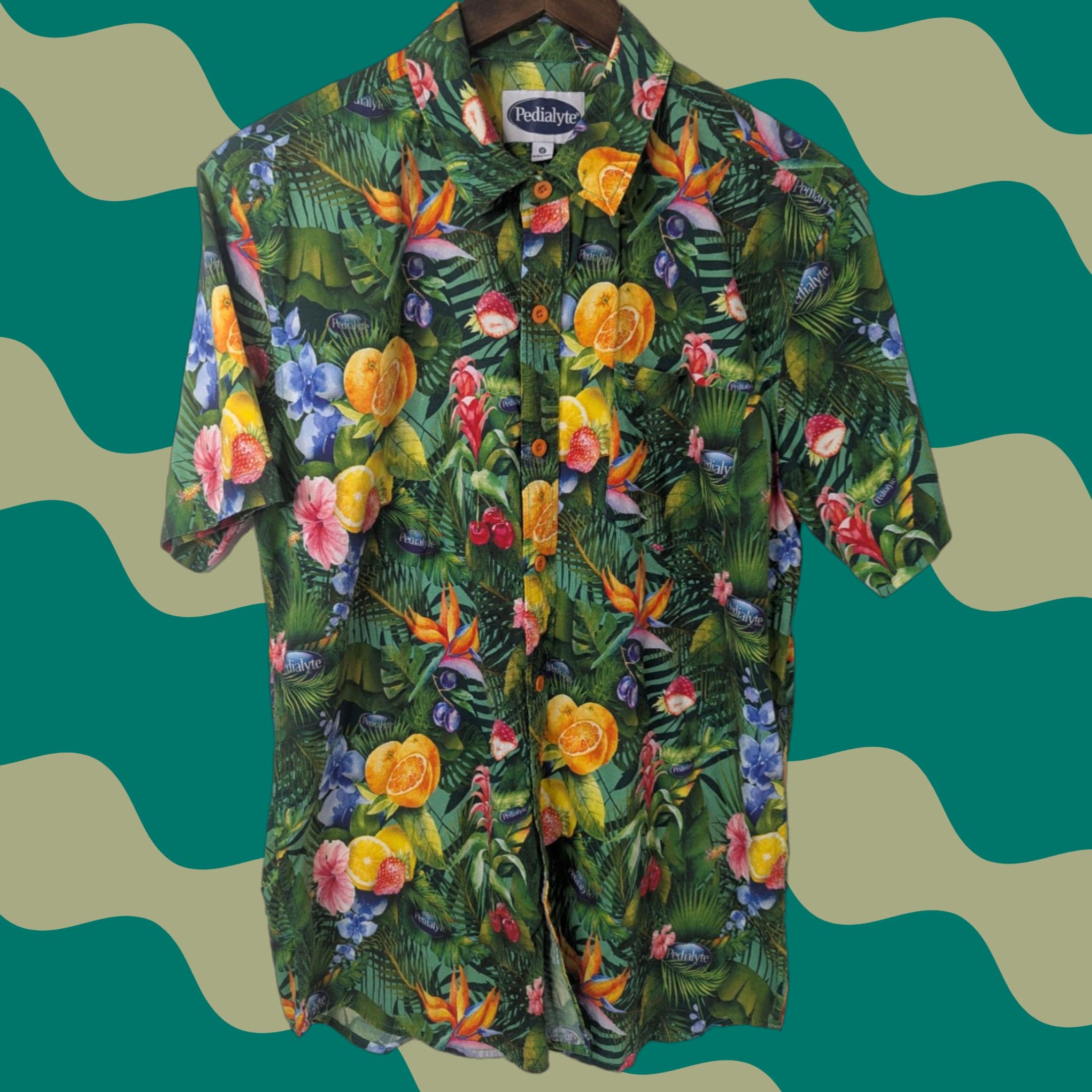 Vintage Pedialyte Tropical Print Button Up Shirt Short Sleeve Cotton Rayon Size M Green Floral Size US M / EU 48-50 / 2 - 1 Thumbnail