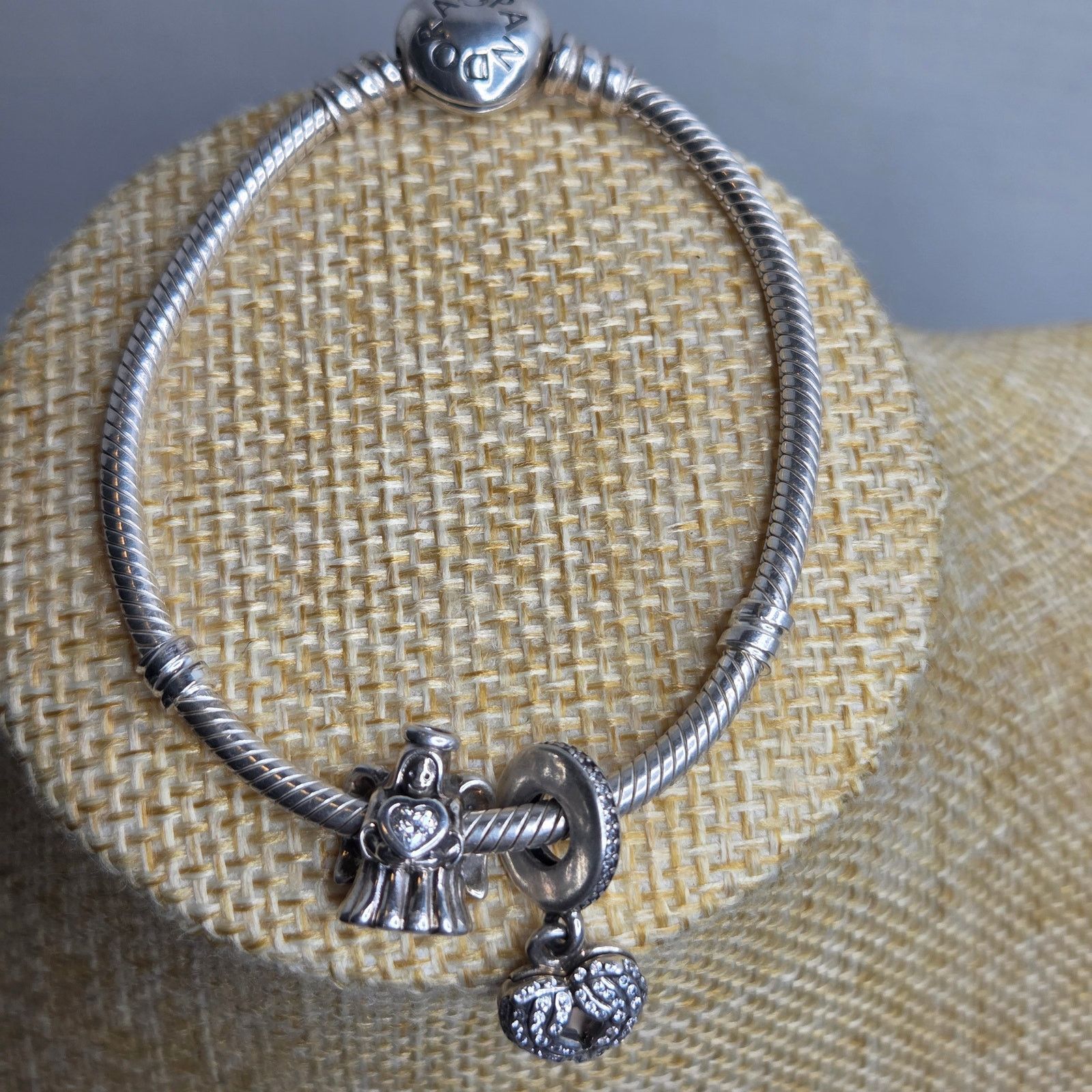Sterling Silver Pandora Bracelet W/ Angel & Heart Charm