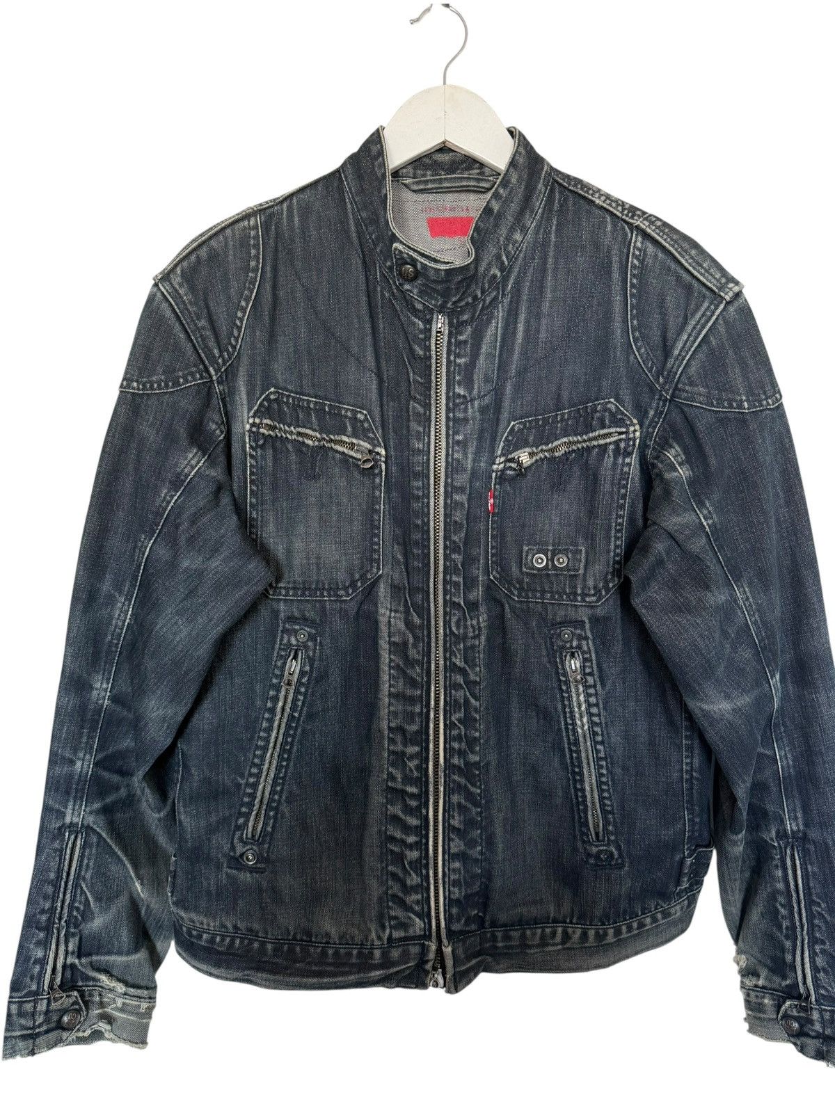 Levi's Levi’s Navy Washed Distressed Double Zip Biker Denim Jacket Size US XL / EU 56 / 4 - 2 Thumbnail