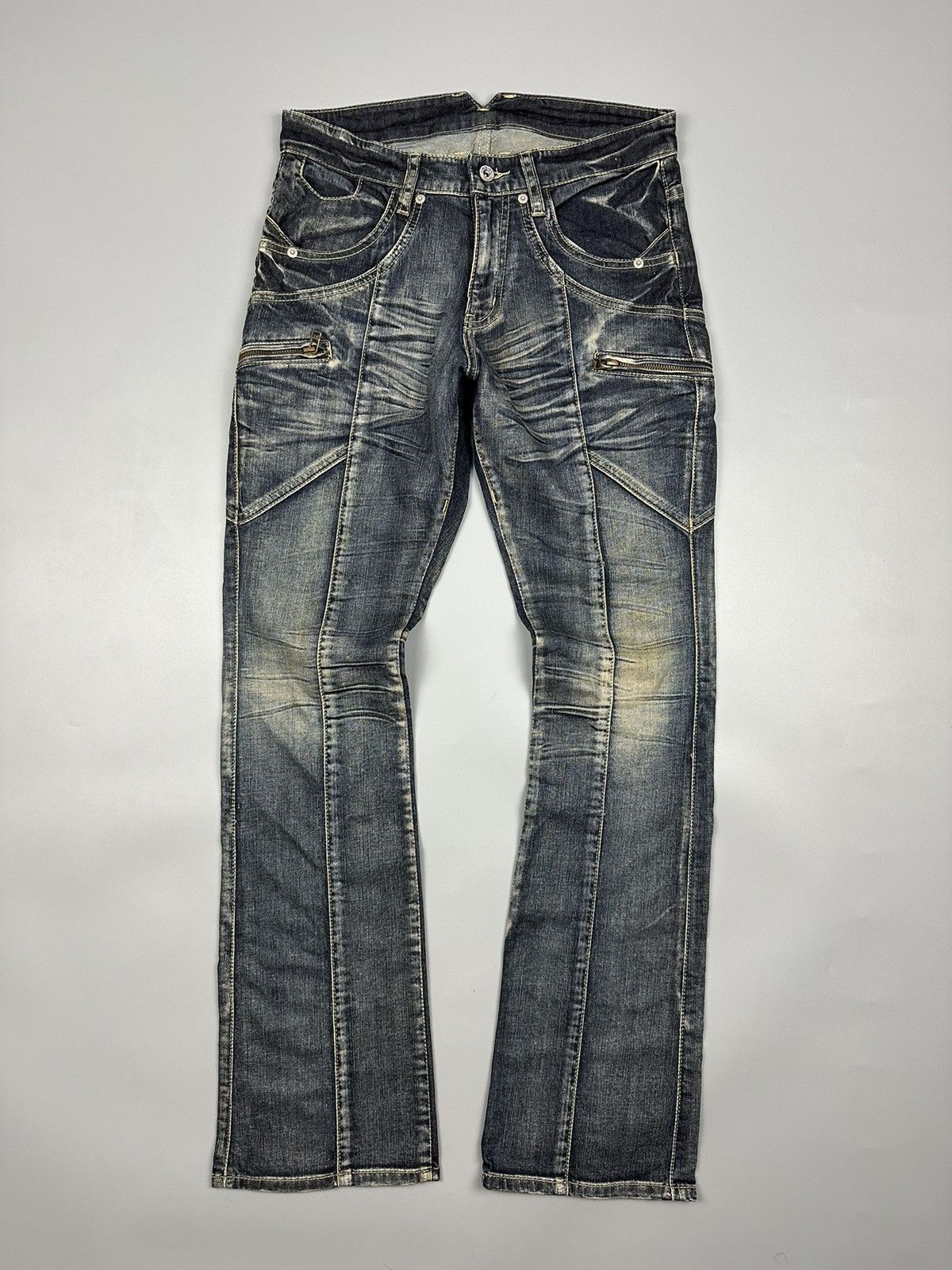 Japanese Brand × Michel Klein 🔥Flared🔥 Michel Klien Multi Zipper Pocket Lightning Jeans Size US 31 - 1 Thumbnail