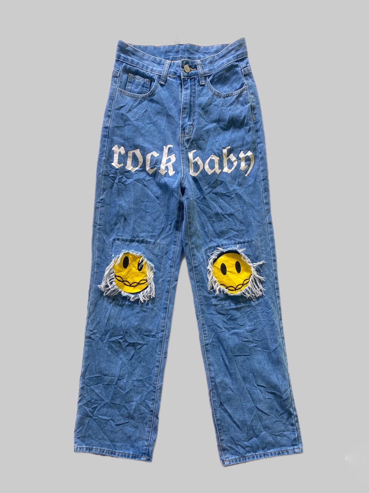 image of Vintage Smiley Patch Skater Jeans in Blue Denim, Women's (Size 27)