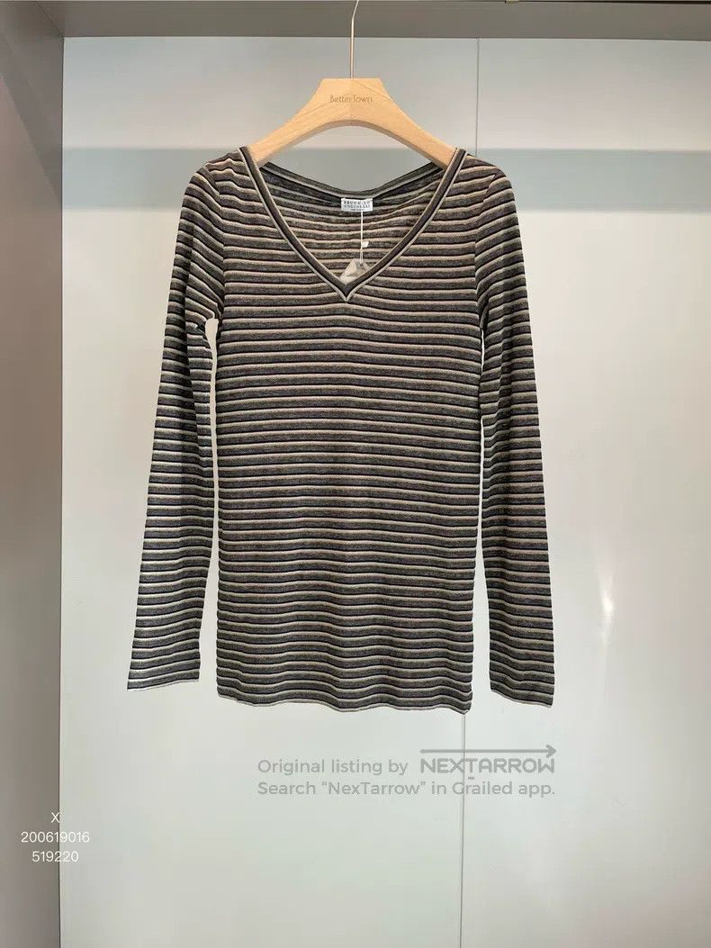 Brunello Cucinelli Brunello Cucinelli Gray Golden Striped Linen T-Shirt Size XS / US 0-2 / IT 36-38 - 1 Thumbnail