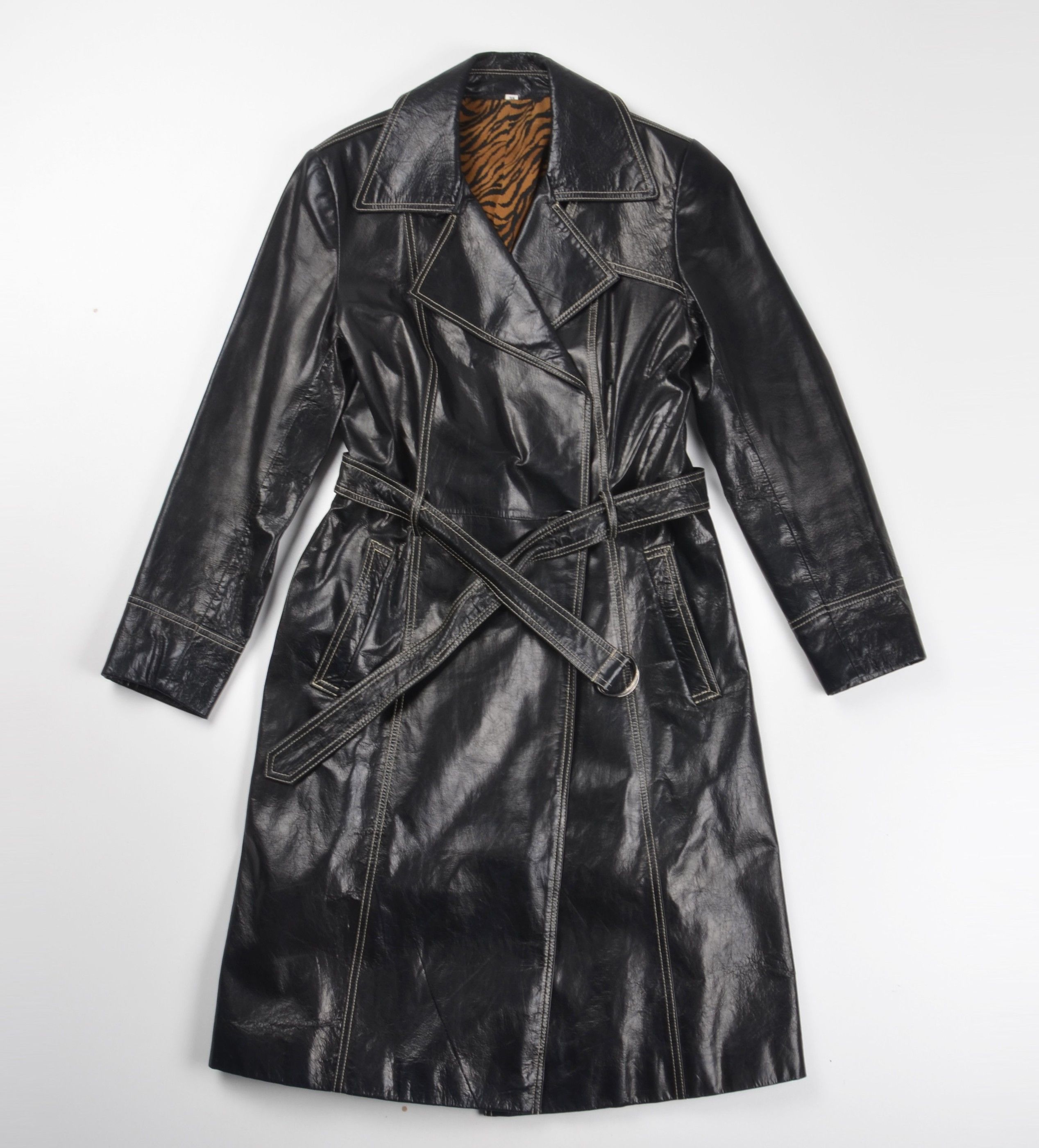 Leonard Paris Vintage Leonardo 90's Black Leather Tiger Lining Trench Coat Size XS / US 0-2 / IT 36-38 - 1 Thumbnail