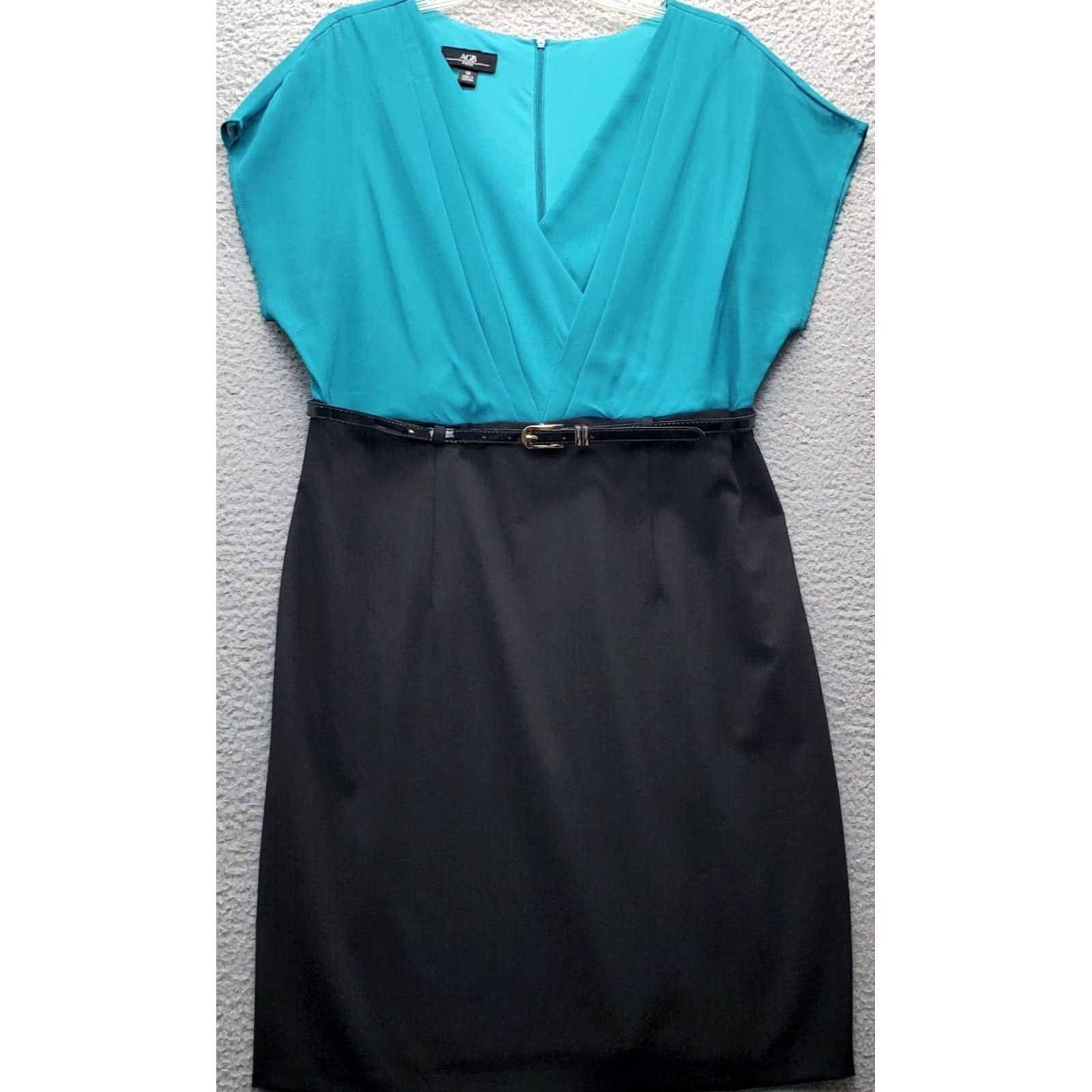 Vintage AGB Womens Size 14 Green Black Belted Sheath Dress V Neck Zip Back Sleeveless (Narrow Wrap) - Casual 39" Length Size XL / US 12-14 / IT 48-50 - 2 Thumbnail