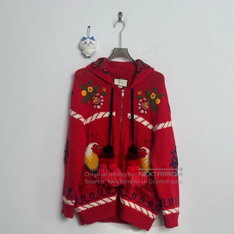 Gucci Gucci Red floral knitted cardigan jacket Size L / US 10 / IT 46 - 1 Thumbnail