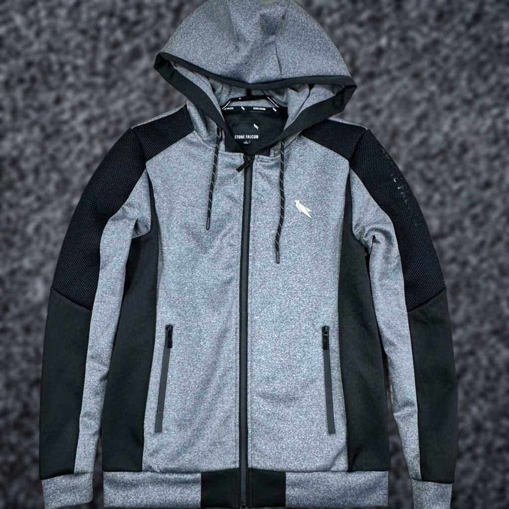 Stone Falcon Jacket Mens Small Black Gray Full Zip Performance Hoodie Jacket