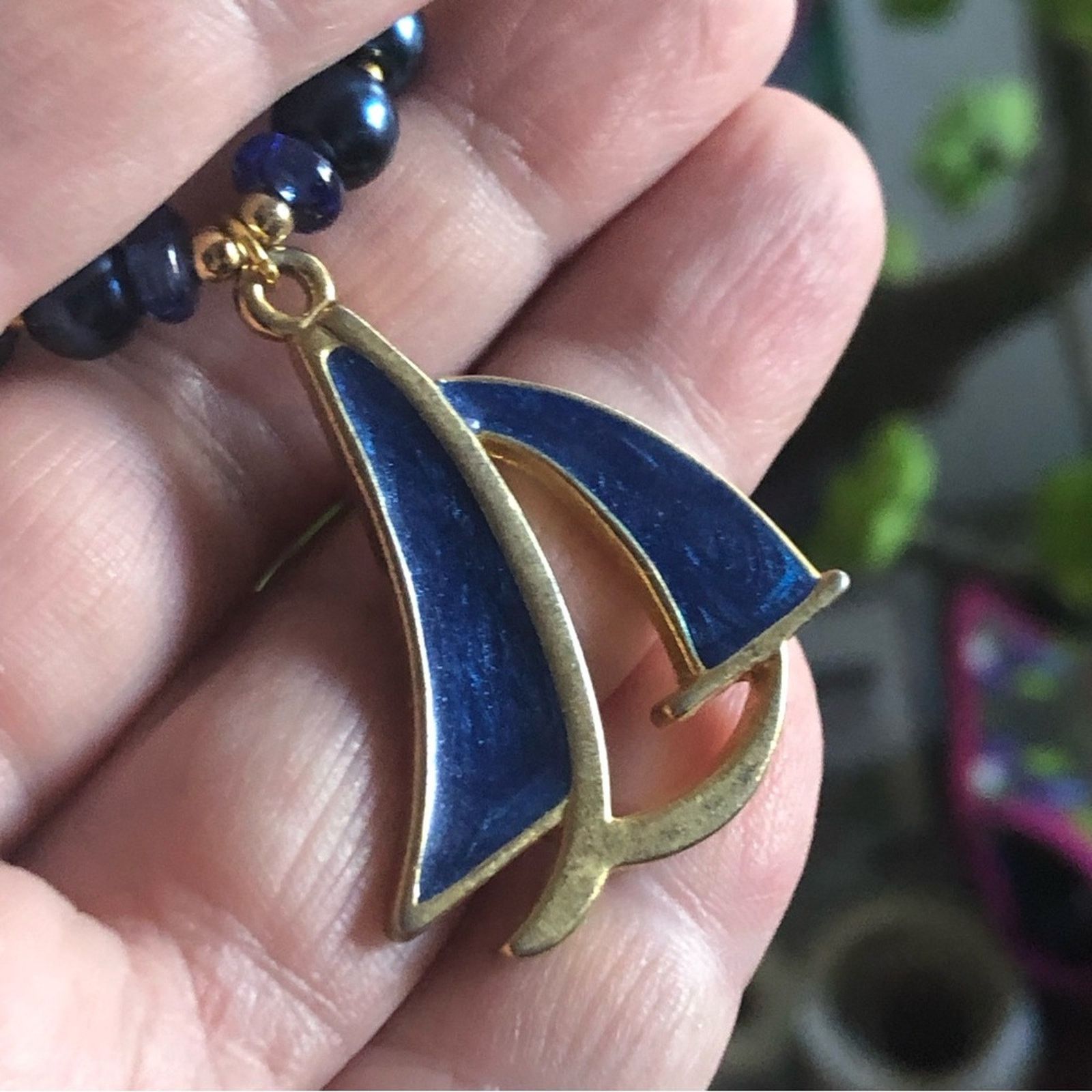 Handmade Handcrafted repurpose royal blue sailboat Pearl necklac Size ONE SIZE - 8 Thumbnail