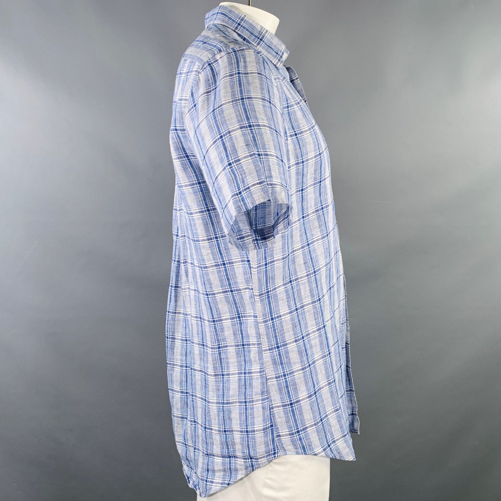 Pal Zileri PAL ZILERI Size L Blue White Plaid Linen Short Sleeve Shirt Size US L / EU 52-54 / 3 - 2 Thumbnail