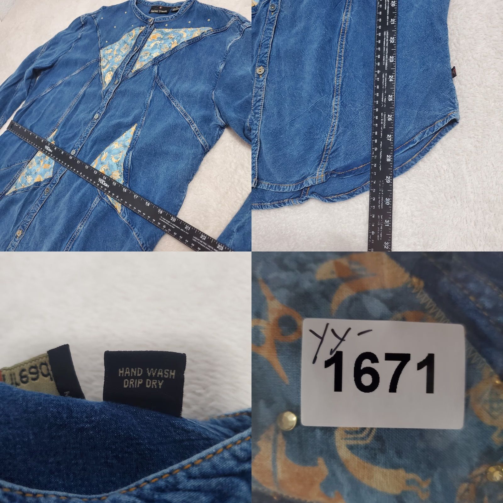 Vintage Sacred Threads Shirt Women M Blue Chambray Patchwork Southwestern Oversized Button Up Kokopelli Rhinestone Size M / US 6-8 / IT 42-44 - 9 Thumbnail
