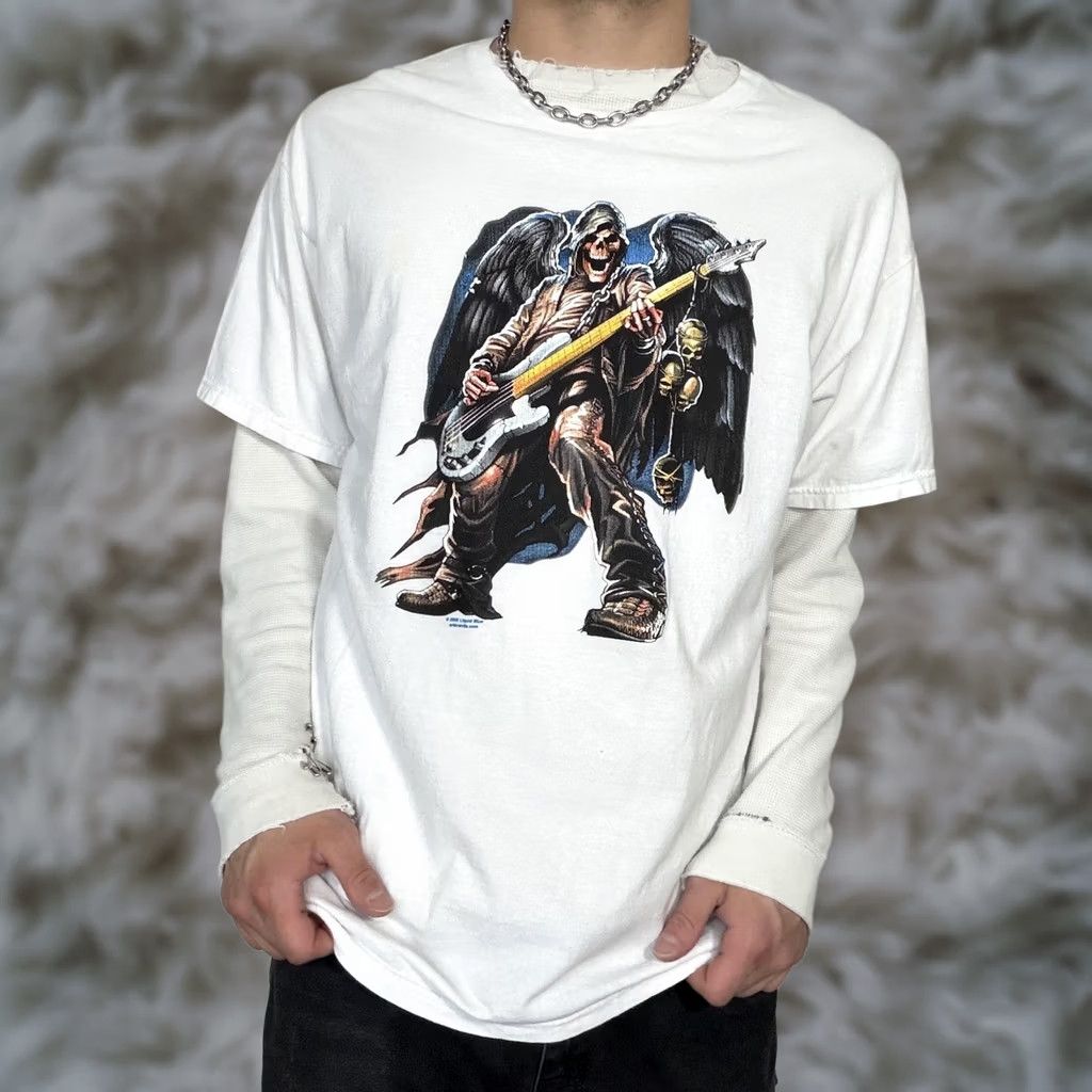 Fruit Of The Loom Y2K Gothic Grunge Shirt Grim Reaper White XL Rock Graphic Tee Mens Short Sleeve Crew Neck Cotton Fruit of the Loom Size US XL / EU 56 / 4 - 1 Thumbnail