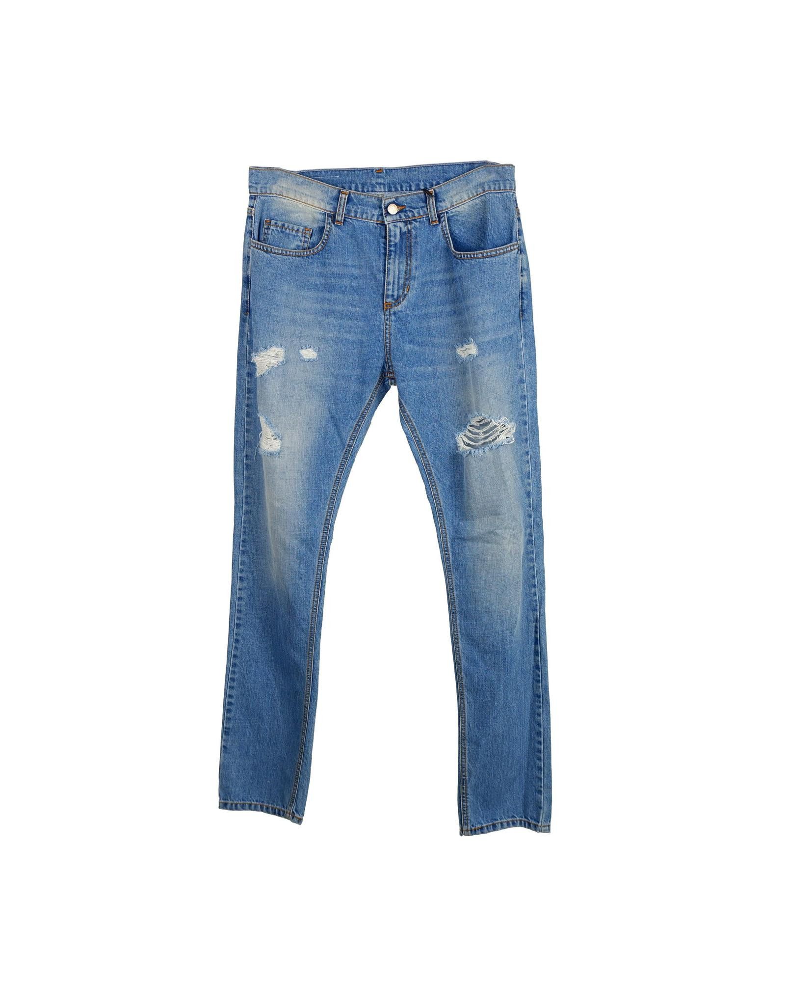 image of Comme Des Fuck Down Ripped Italian Cotton Jeans With Stitch Print in Blue, Men's (Size 36)
