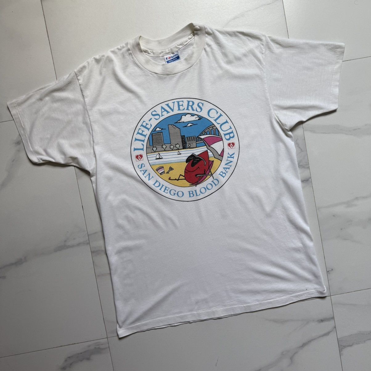 Hanes Vintage 90s Hanes Graphic Blood Bank T-Shirt Size US XL / EU 56 / 4 - 3 Thumbnail