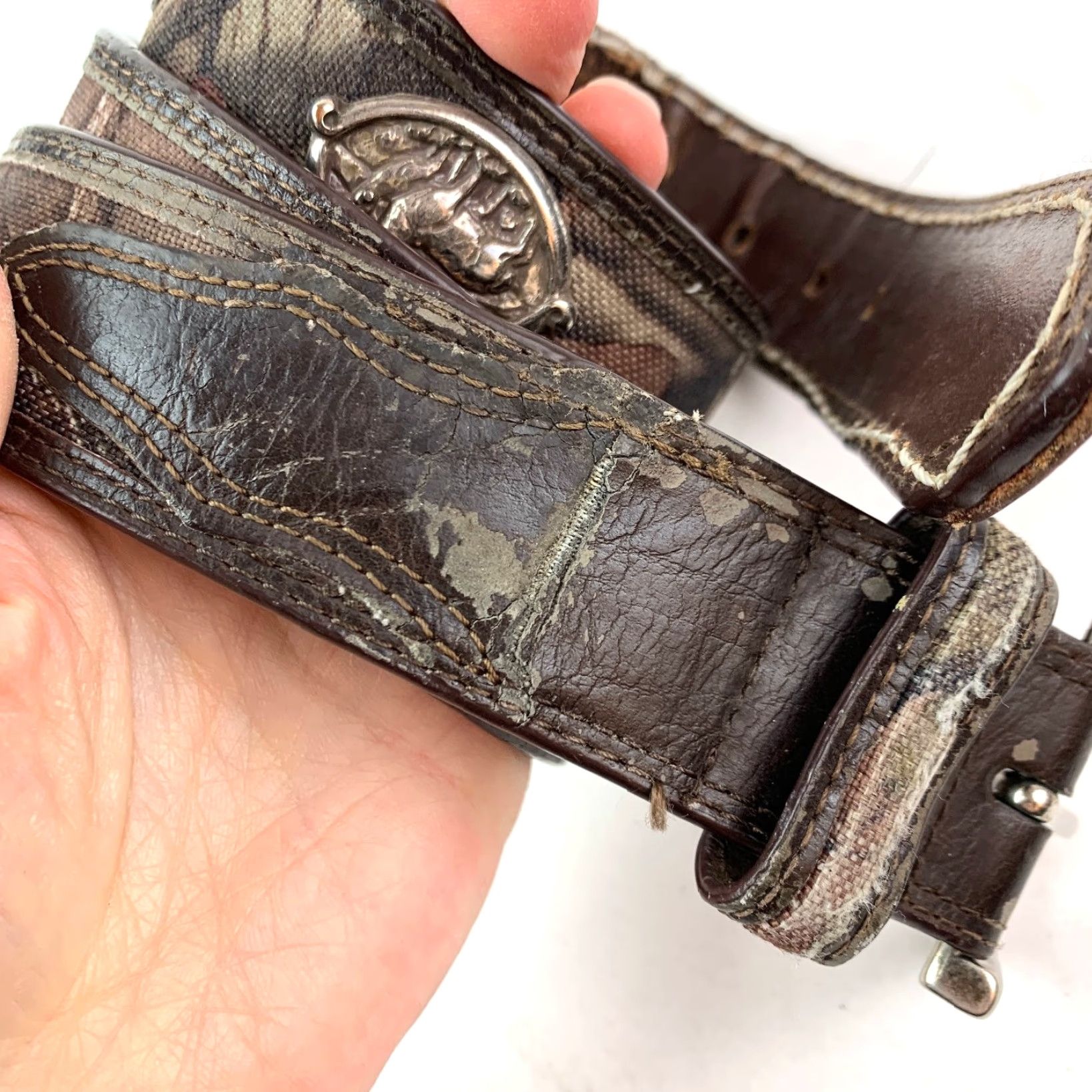 Vintage Men's Belt Camouflage DeEr Concho Buckle Genuine Leather Camo Canvas Overlay 36 Brown Green Tan Vintage No Size 36 - 3 Thumbnail