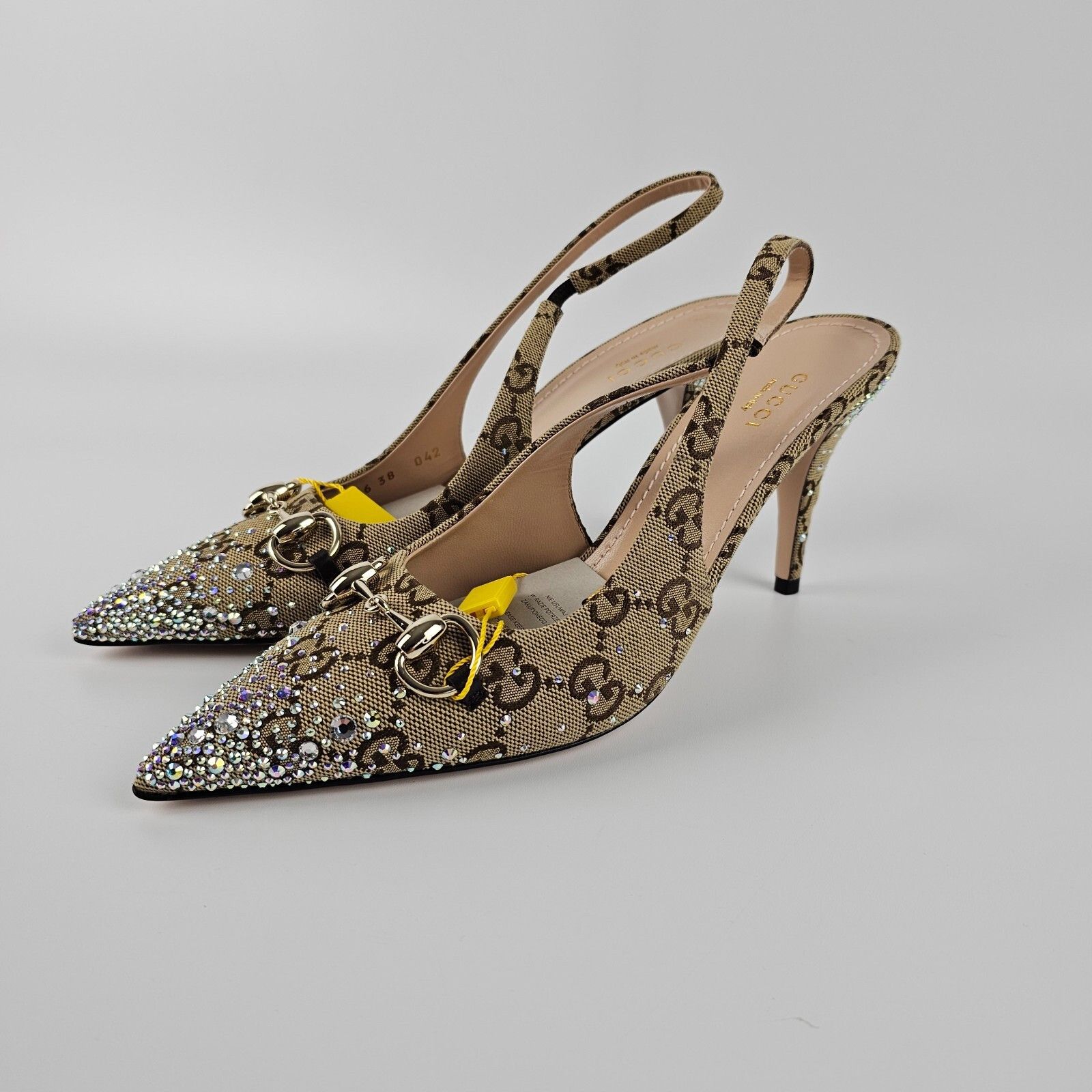GUCCI Horsebit $1150 Beige And Dark Brown Crystals Pumps New