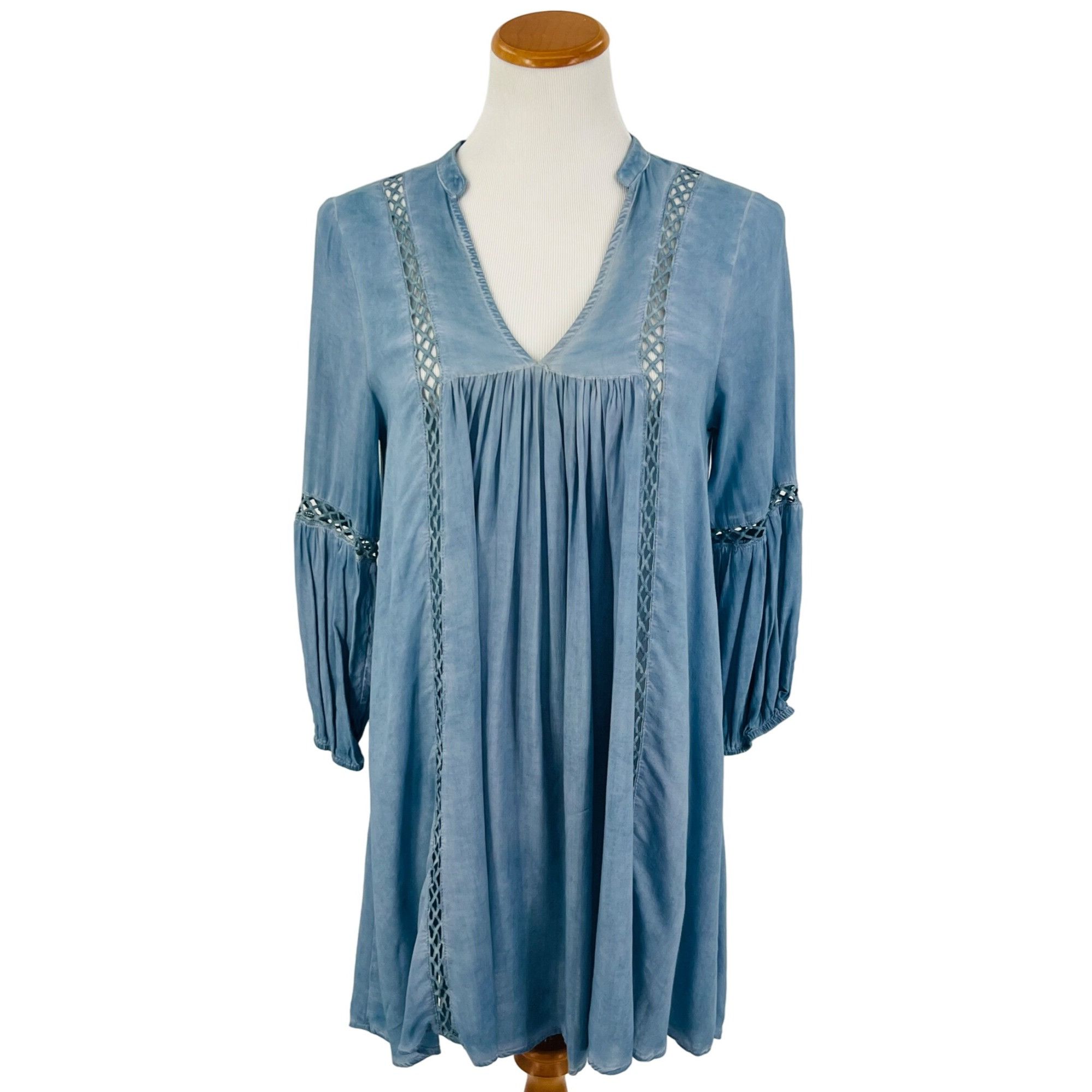 Other Dusty Blue Crochet Trim Relaxed Tunic Mini Shirt Dress | Coa Size S / US 4 / IT 40 - 2 Thumbnail