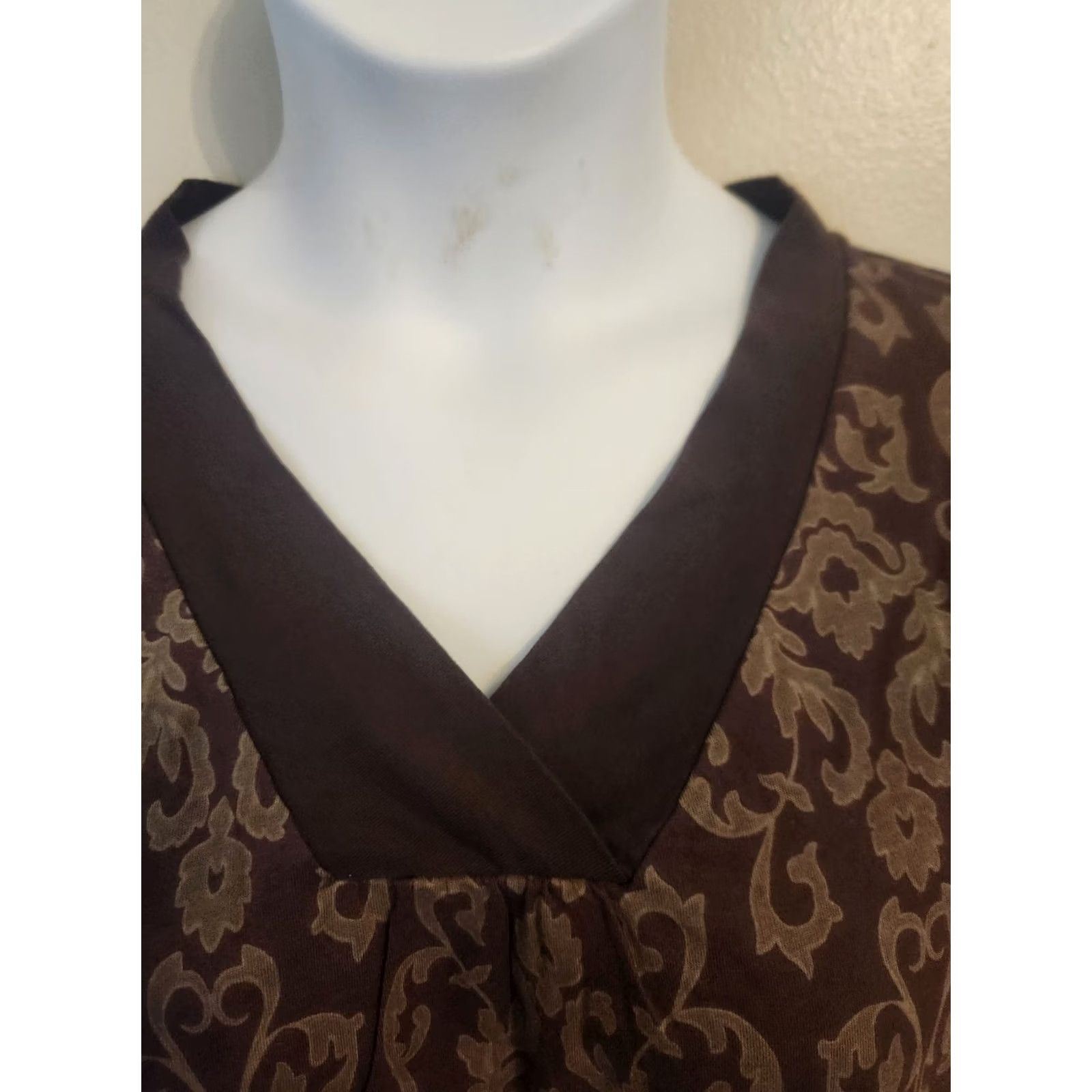 Vintage Sonoma Brown Damsk Print 3/4 Sleeve V Neck Top Shirt 1X Plus Women Size XL / US 12-14 / IT 48-50 - 2 Thumbnail