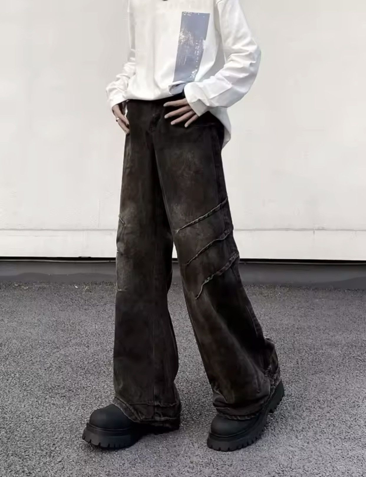 Jean Y2K Streetwear Old Black Distressed Pleated Baggy Jeans Size US 29 - 4 Thumbnail