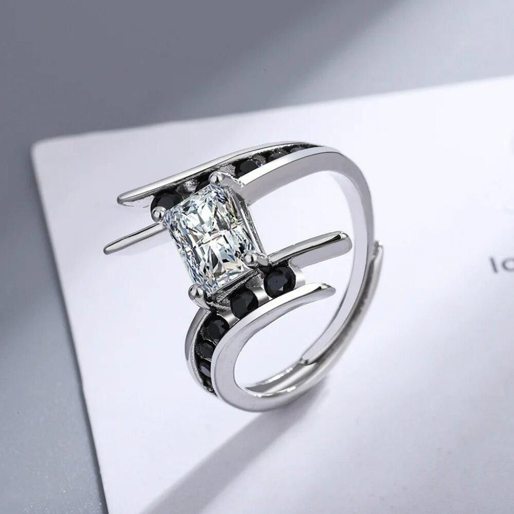 Designer Sterling Silver Created Black Sapphire Geometric Ring Size ONE SIZE - 7 Thumbnail