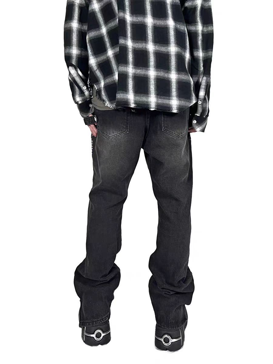 Designer Washed lumberjack workwear leg zip micro flare jeans Size US 32 / EU 48 - 4 Thumbnail