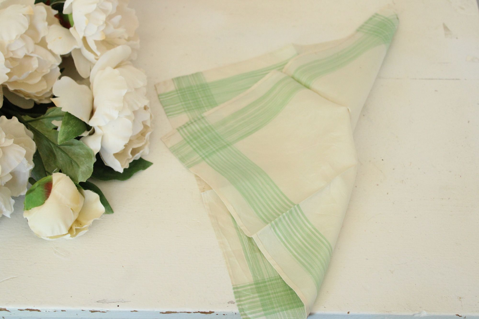 Vintage Vintage 1950s Handkerchief, Cream with Green Striped Border Size ONE SIZE - 8 Thumbnail