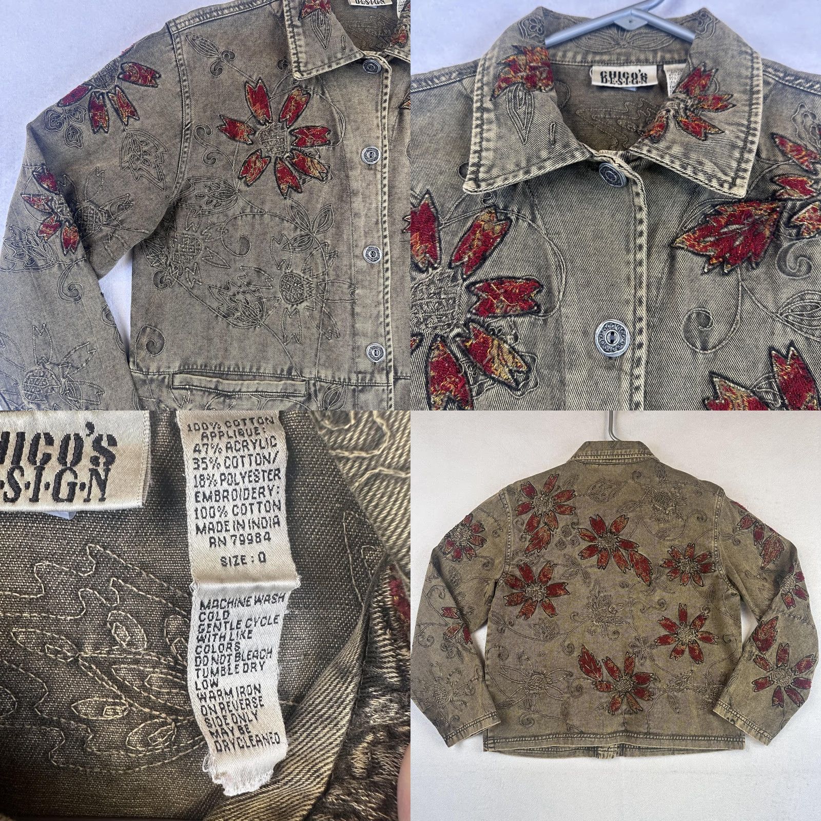 Vintage Chico's Jacket Womens 0 Small Khaki Floral Embroidered Denim Button Collared Pockets Short Size XS / US 0-2 / IT 36-38 - 8 Thumbnail