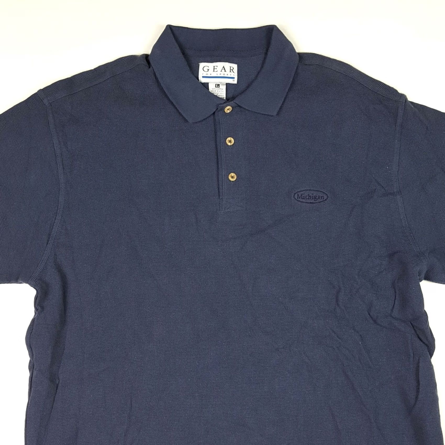 Vintage VINTAGE Michigan University Men's Polo Shirt Size L Navy Blue Waffle Knit 90s Vintage College Sports Knit Polo Shirt Mens Navy Blue Size US L / EU 52-54 / 3 - 2 Thumbnail