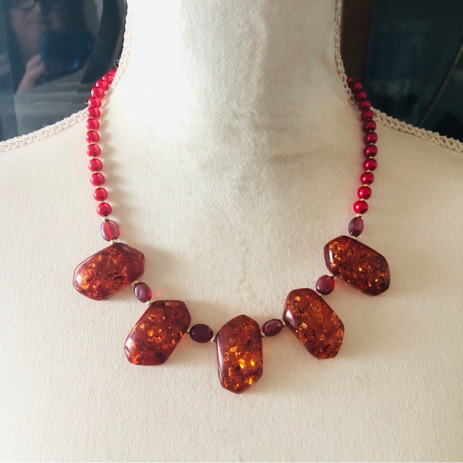 Handmade Handcrafted repurpose faux amber speckle bead Pearl necklace Size ONE SIZE - 2 Thumbnail
